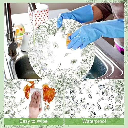 Miniatura 3 de Juego de 6 manteles individuales redondos de plástico chinoiserie de 13.4 pulgadas, lavables, de vinilo con flores verdes, para interiores y