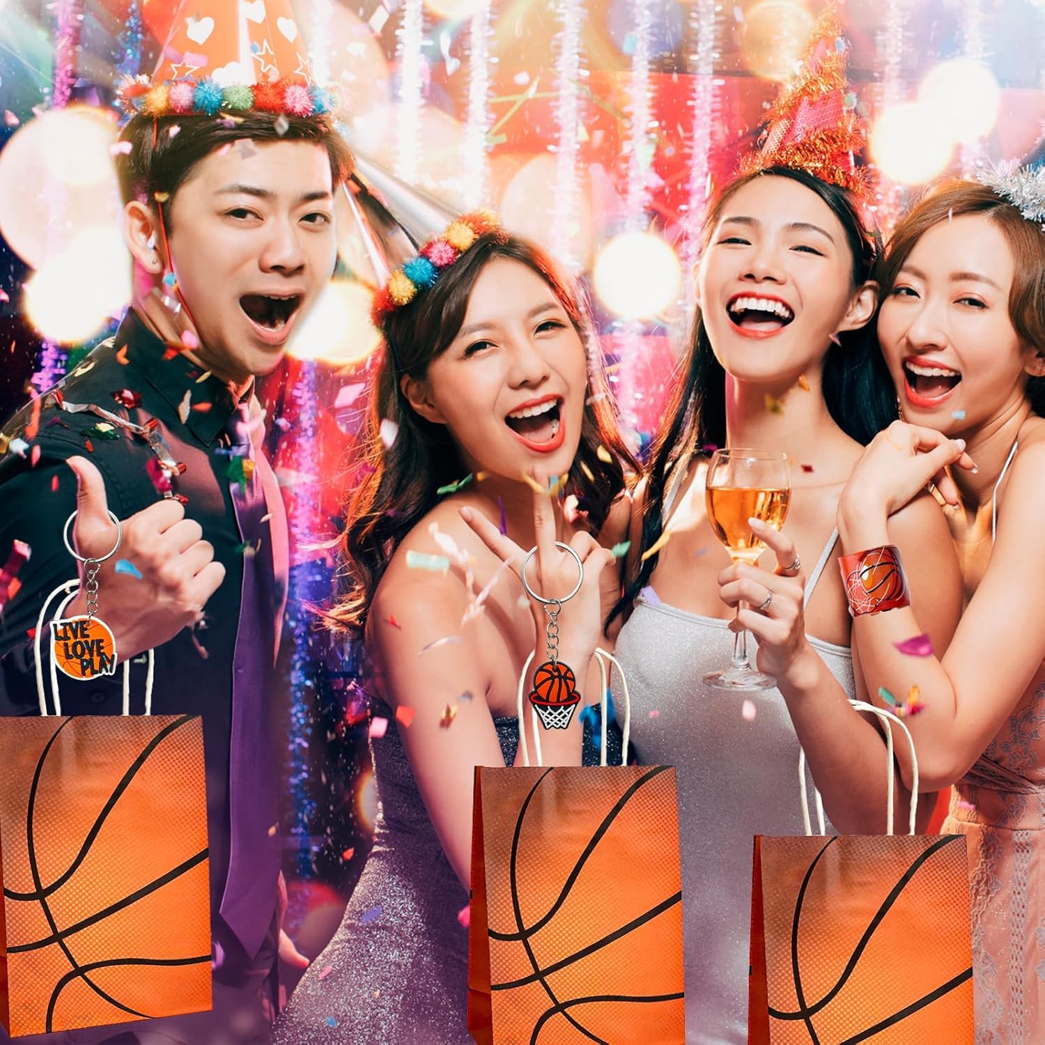 Set di 86 sacchetti regalo per feste di basket, portachiavi con cinturino a scatto, accessori per feste di basket, per ragazze e ragazzi