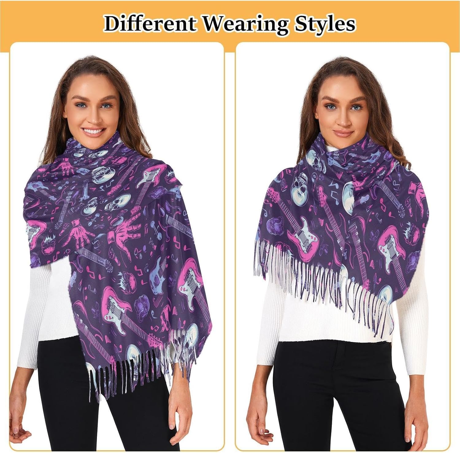 Winter Scarf for Women Purple Rock Style Electric Guitar Fashion Tassel Shawl Wraps for Women, Cold Weather Warm Womens Scarves Soft Long Scarf