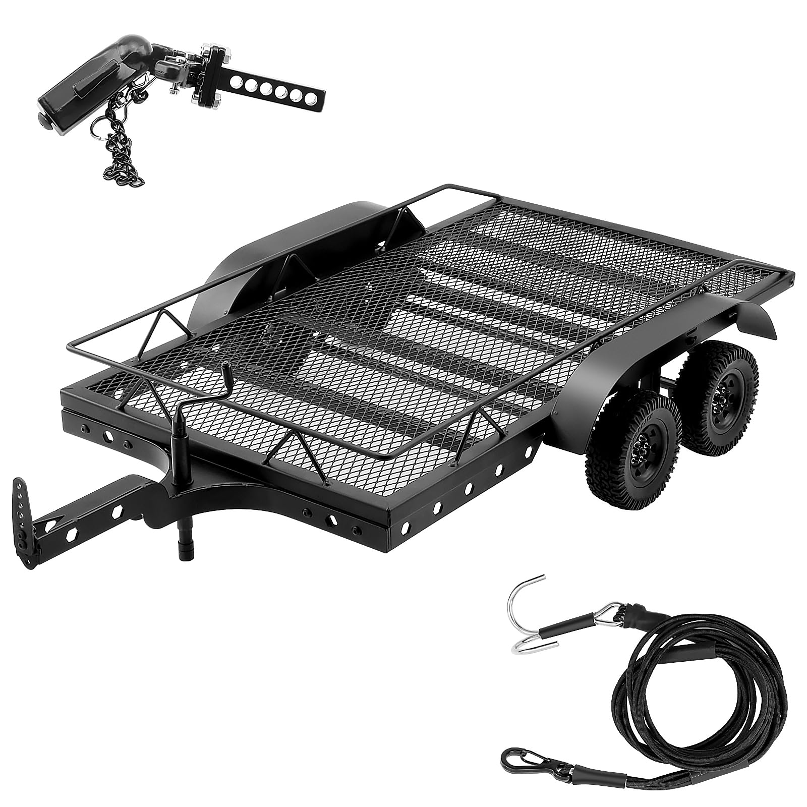 DashRC 1/10 RC Trailer for Hauling Behind Car, Metal Flatbed Trailer Builder Kit for RC Crawler TRX4 TRX6 SCX10 Gen7 Gen8 Upgrades, Hook Hitch and Receiver, Kinetic Winch Strap Included