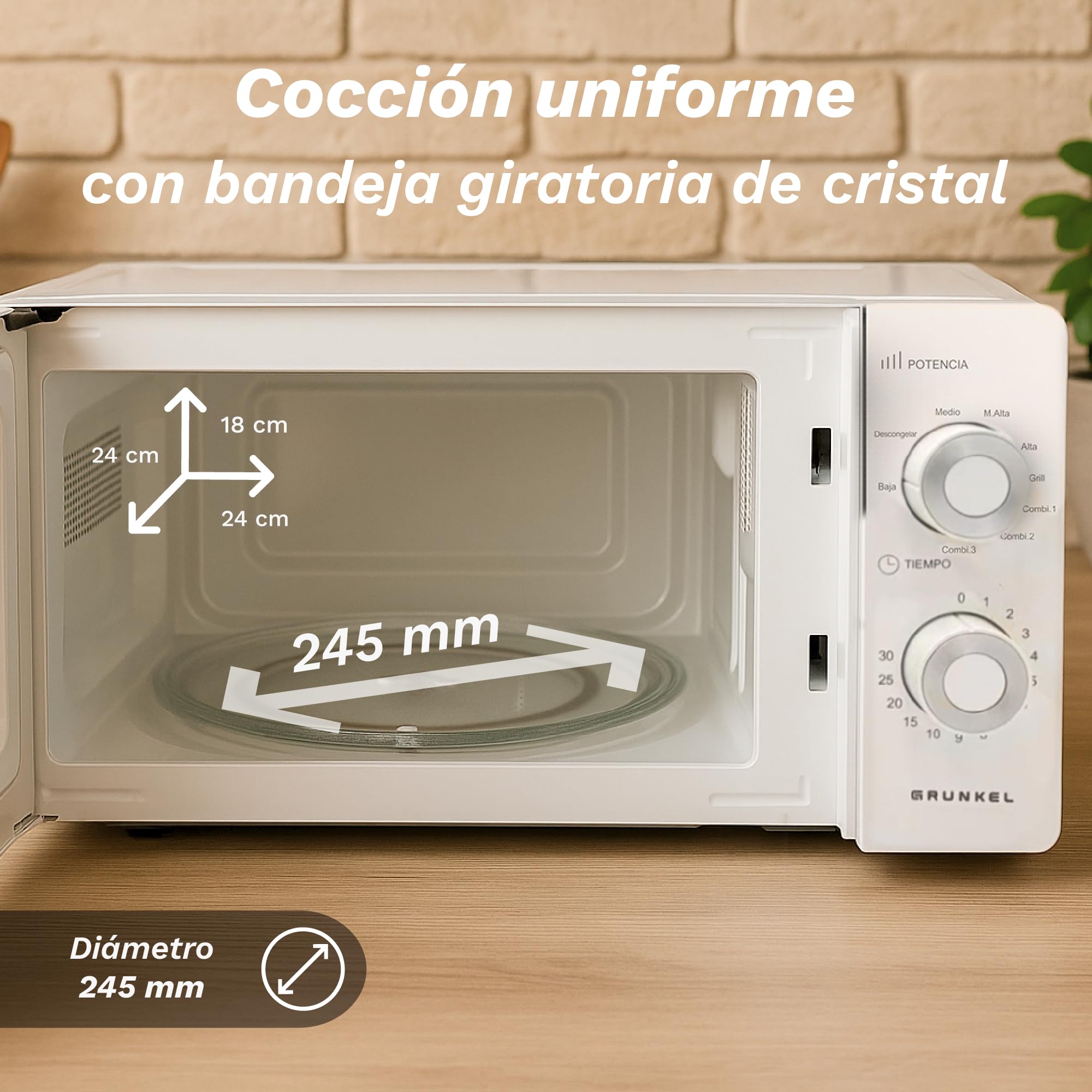 Grunkel Microondas con grill de 20 Litros, 700W + 900W Grill 5-6 Niveles de Potencia, 3 Modos Combinados, Temporizador 30 min Apertura con Tirador y Bandeja Ø245 mm