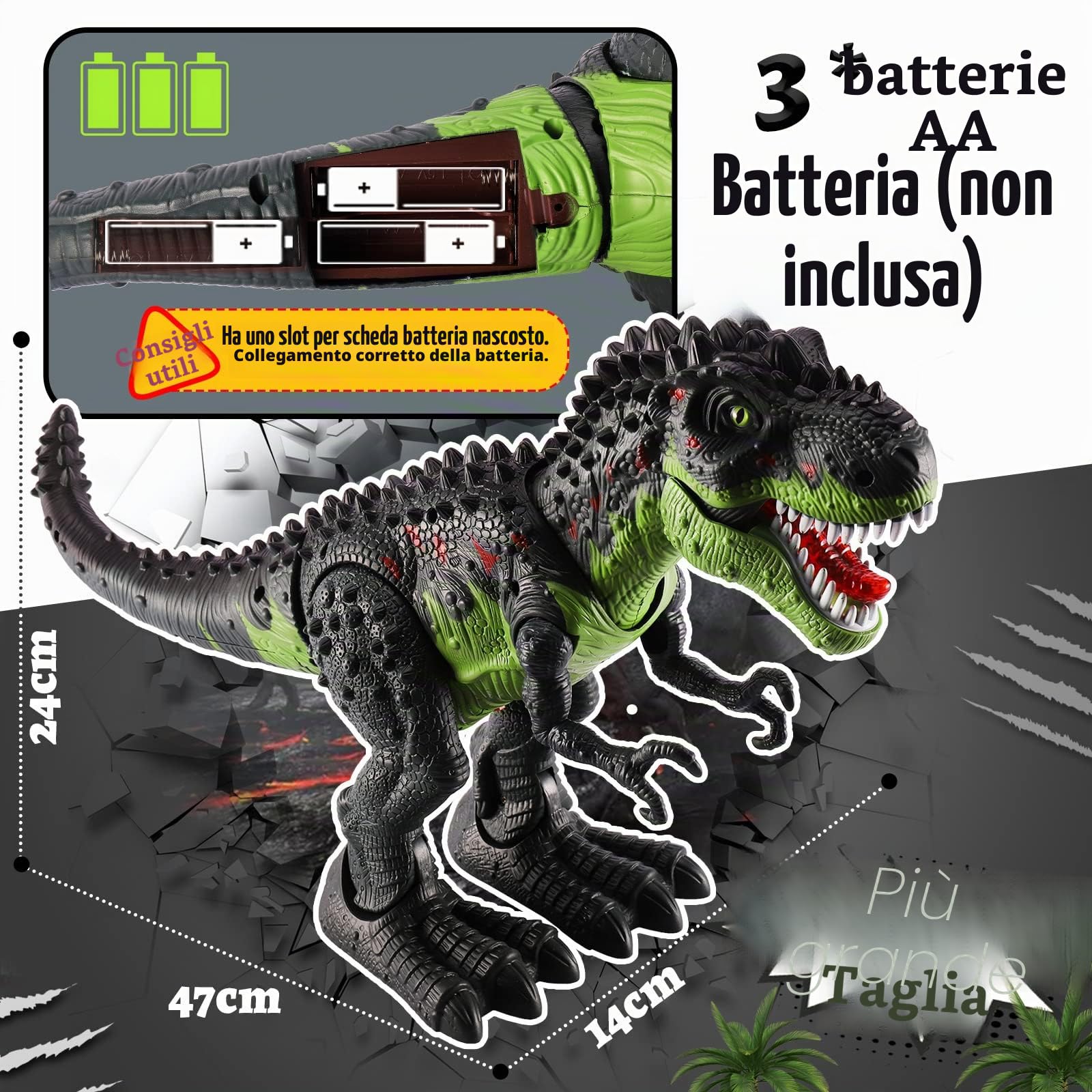 TOEY PLAY T-Rex Dinosauro Giocattolo Gigante, 47cm Dinosauro che Cammina, Tyrannosaurus Figure con Ruggiti e Luci, Giochi Dinosauri 3 4 5 6 Anni, Regalo per Bambini