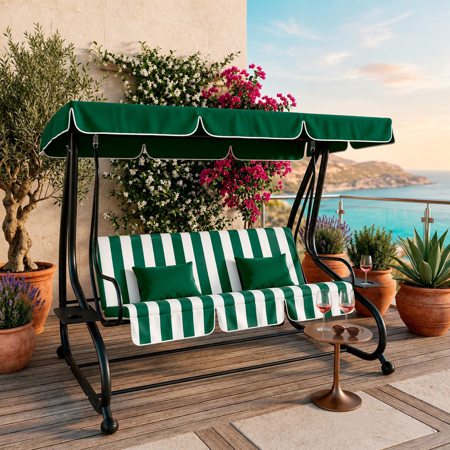 Dondolo Altalena 3 Posti Reclinabile Con Copertura Parasole Orientabile Trasformabile In Letto Telaio Resistente Per Giardino Terrazza Balcone Relax 200 x 120 x 160 Cm Verde E Bianco