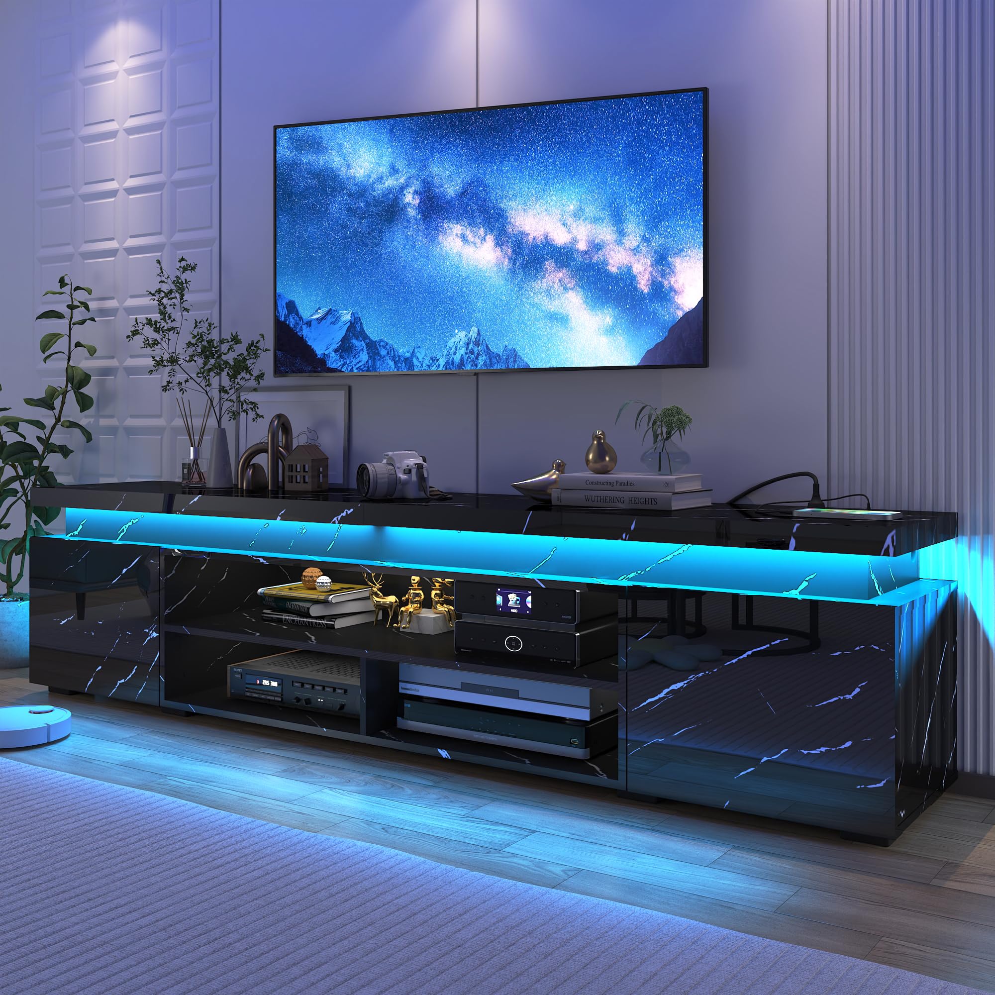 Hlivelood LED TV Stand for 95 Inch TV, Modern TV Stand with Power Outlet, High Gloss TV Console Entertainment Center with Storage and LED Lights for Living Room, Bedroom (83 Inch, Black & Marble)