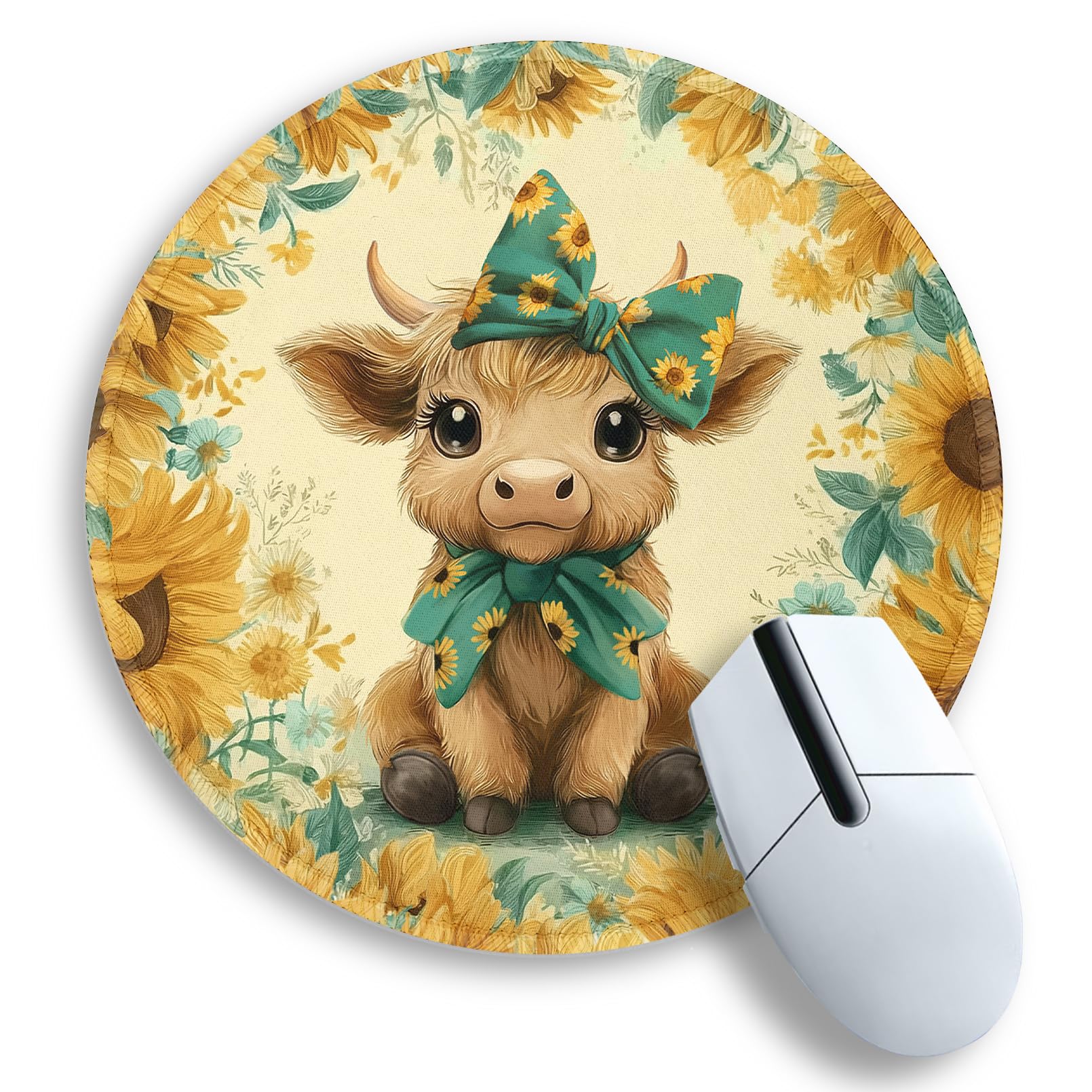 Gctriki Highland Cow Mouse Pad for Desk, Funny Round Mousepad for Laptop Gaming Stitched Edge Non-Slip Rubber Base, Cute Sunflower Bow Highland Cow Decor Gifts Office Desk Accessories for Women
