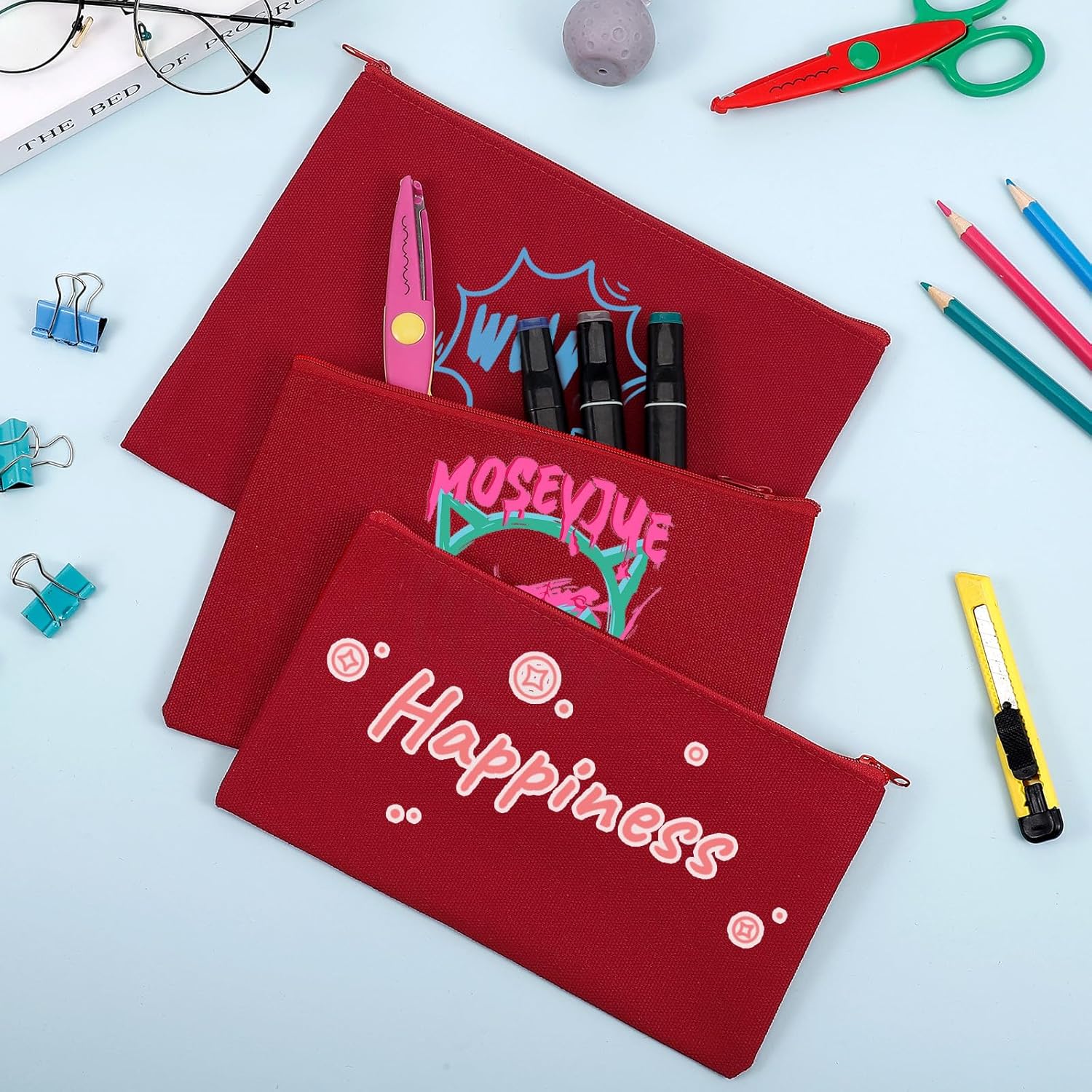 12 Pieces Cotton Canvas Makeup Bag, Multipurpose Cosmetic Bag with Zipper Travel Toiletry Pouch, Blank DIY Craft Bag (Red, S) - Image 2