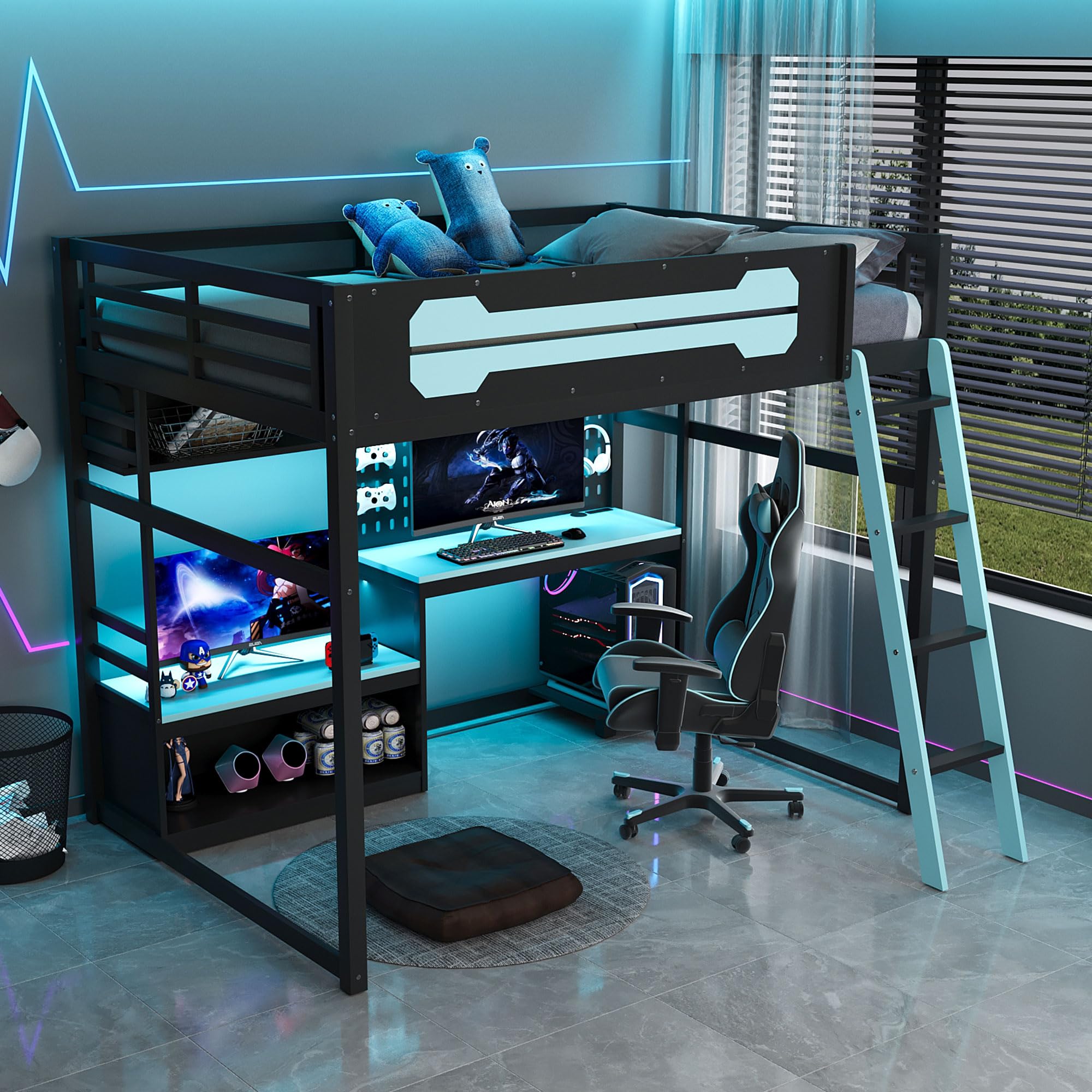 VilroCaz Full Size Gaming Loft Bed in black and blue, showing the bed, desk, and ladder