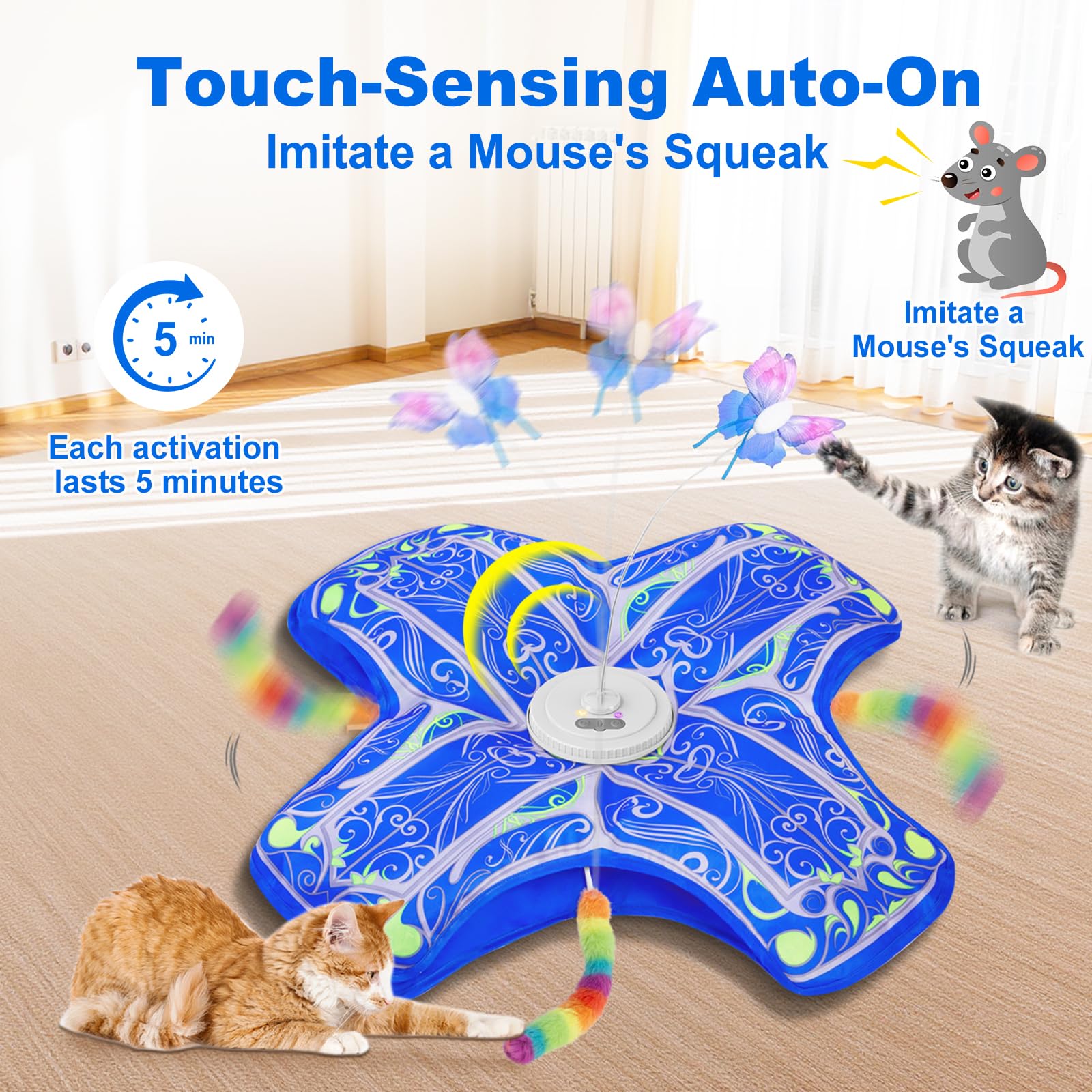 Interactive Cat Toys for Indoor Cats,[Newly Upgraded] Rechargeable Touch Activated Hide and Seek Kitten Toys for Bored Indoor Adult Cats with Fluttering (Blue) - image 3