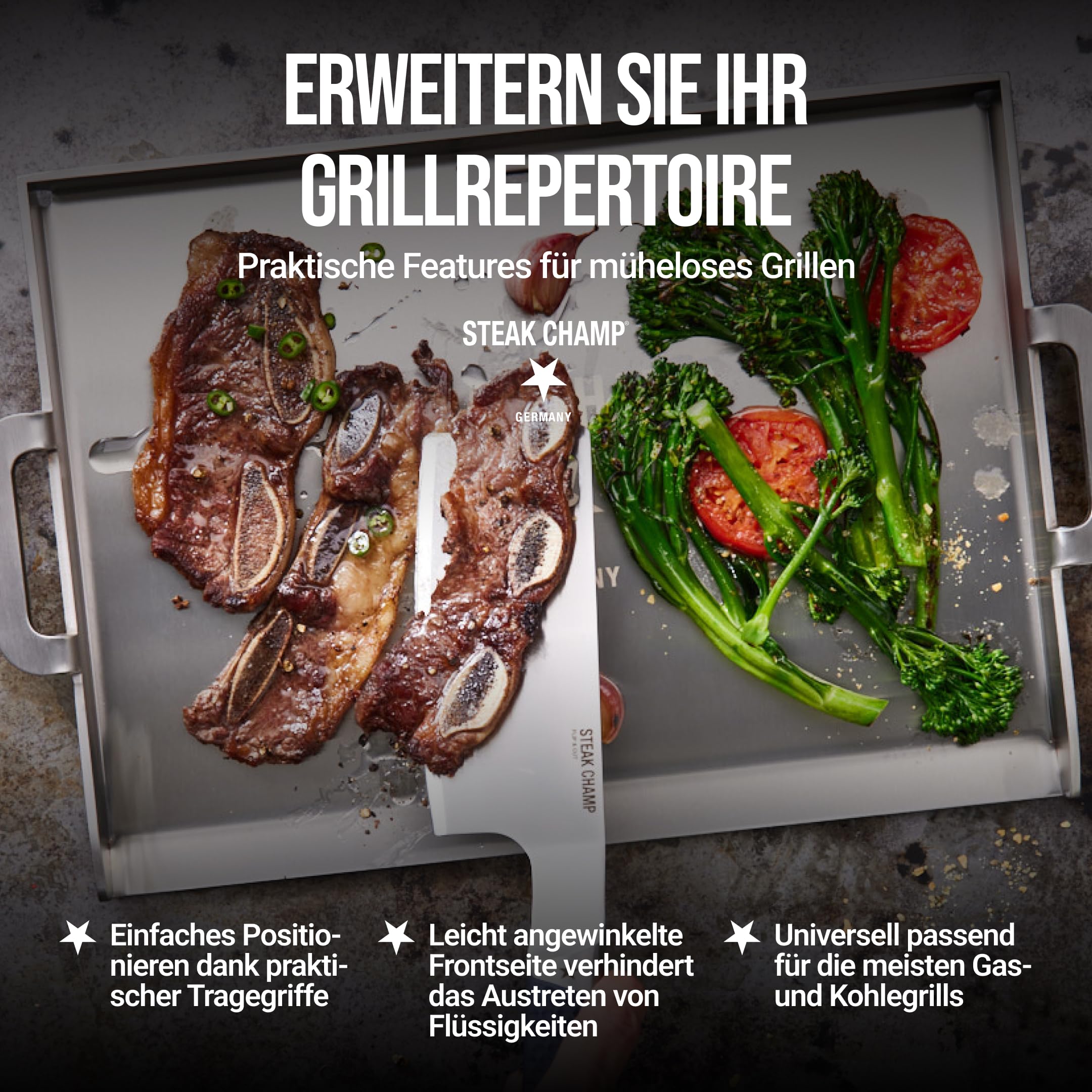 Steakchamp Grill Plancha, 4,2 kg: Grillplatte für Kohle- und Gasgrill, aus Edelstahl, mit praktischen Tragegriffen und angewinkelter Frontseite