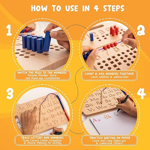 Miniatura 10 de Hulats Aprende a escribir - Tabla portátil de madera de doble cara para trazar letras para niños de 3 a 5 años - Juguetes Montessori para niños de 3