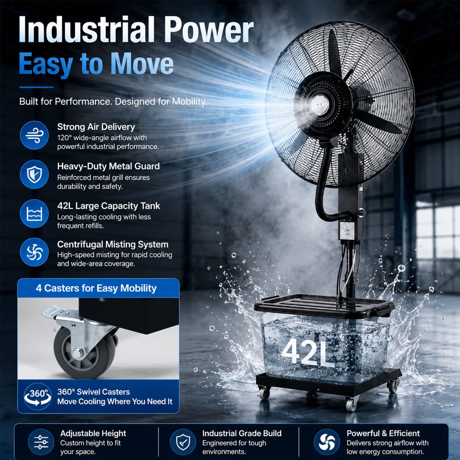 Ventilatore Industriale con Nebulizzazione ad Acqua, Ventilatore a Spruzzo ad Alta Potenza con Serbatoio da 42 Litri, Umidificatore Evaporativo Portatile su Ruote per Esterni, Terrazze e Capannoni