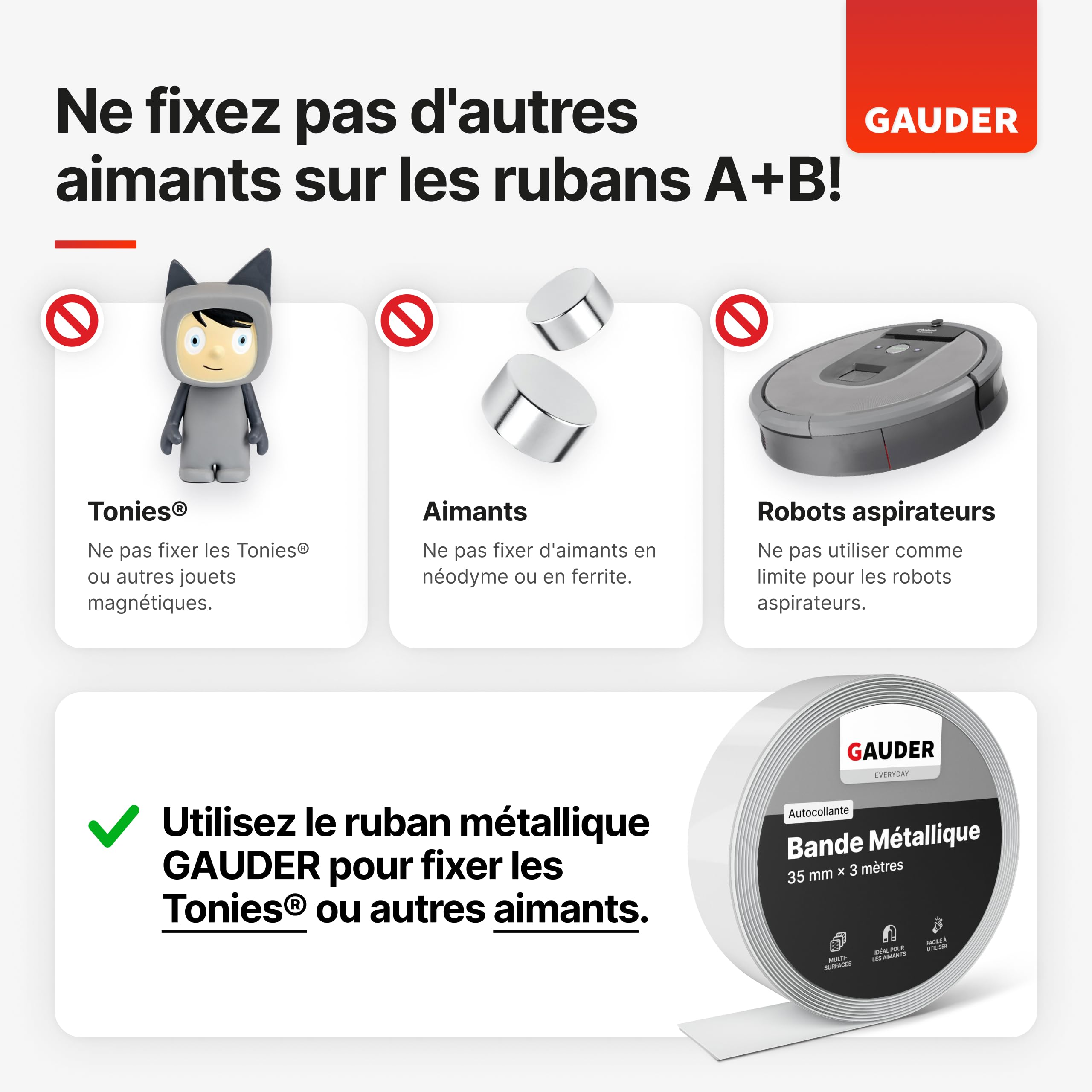 GAUDER Bande Magnétique Autocollante Forte (40 mm x 6 m) | Bande Magnétique avec Mousse Adhésive | Ruban Magnétique