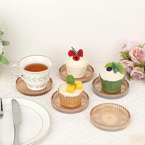 Miniatura 7 de JUXYES Paquete de 5 posavasos redondos de cristal en tono ámbar, posavasos de vidrio para bebidas, café, té, vino, posavasos decorativos para