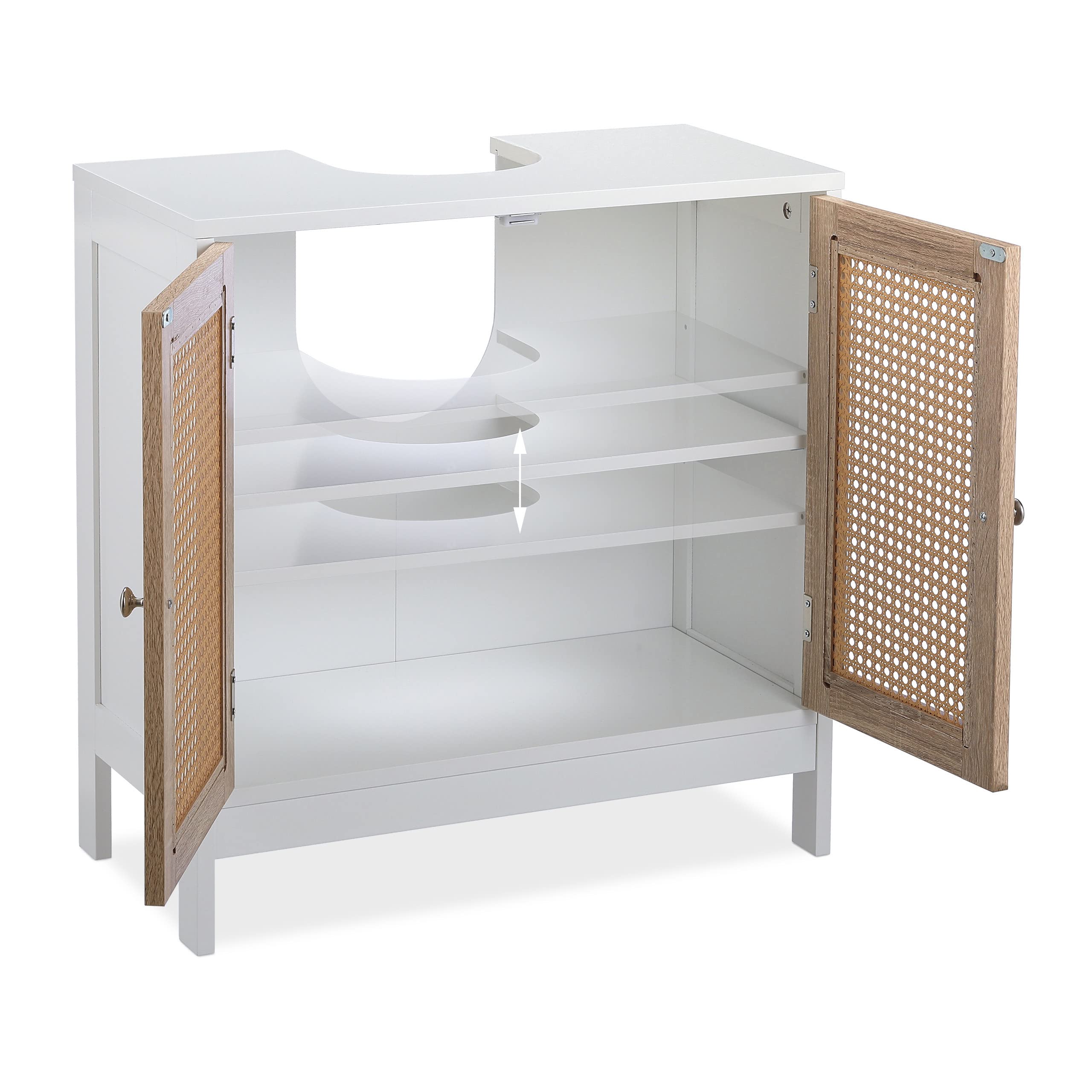 Relaxdays Mobiletto Sottolavabo a 2 Scomparti, Armadietto Lavandino, Ante in Rattan, Spazio per Sifone, Bianco Naturale
