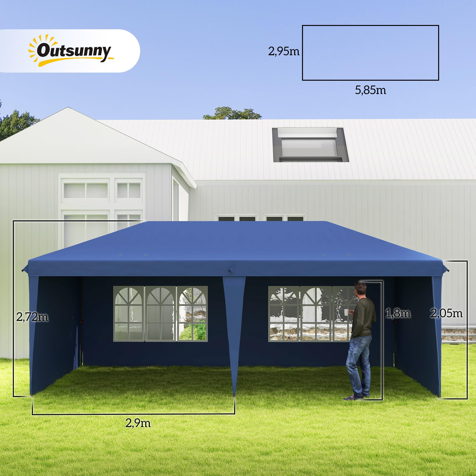 Outsunny Carpa Plegable 6x3 m, Pop-up, con 4 Laterales Desmontables, Cenador de Jardín con 2 Ventanas Visibles, Bolsa de Transporte, Impermeable, Anti-UV, Gazebo para Camping, Fiestas, Exterior, Azul