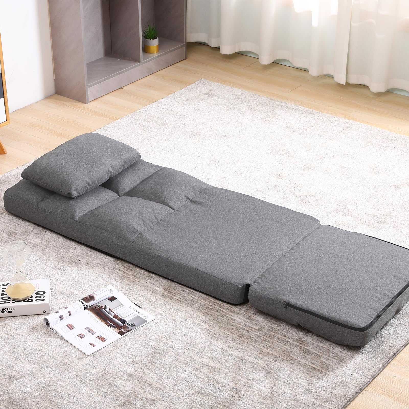 Fauteuil de Sol Réglable en 14 Positions, Chaise Paresseuse Avec Dossier, Pouvant Supporter Jusqu'à 160KG, Style Japonais