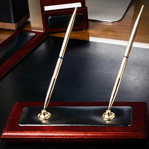 Miniatura 5 de Dacasso Juego de accesorios de doble soporte para bolígrafo de palisandro y cuero negro, 9.25 x 4.25 x 9.00 - Decoración de escritorio ejecutivo de