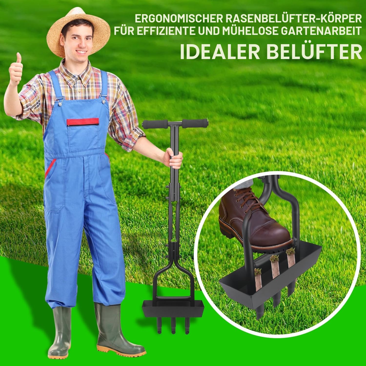 Rasenlüfter, Aerifizierer für Rasen, 3 Kern Hohlspoon mit Ablageschale, Hohlzinken Aerifizierer Gerät für verdichtete Böden, Rasenflächen und Gärten
