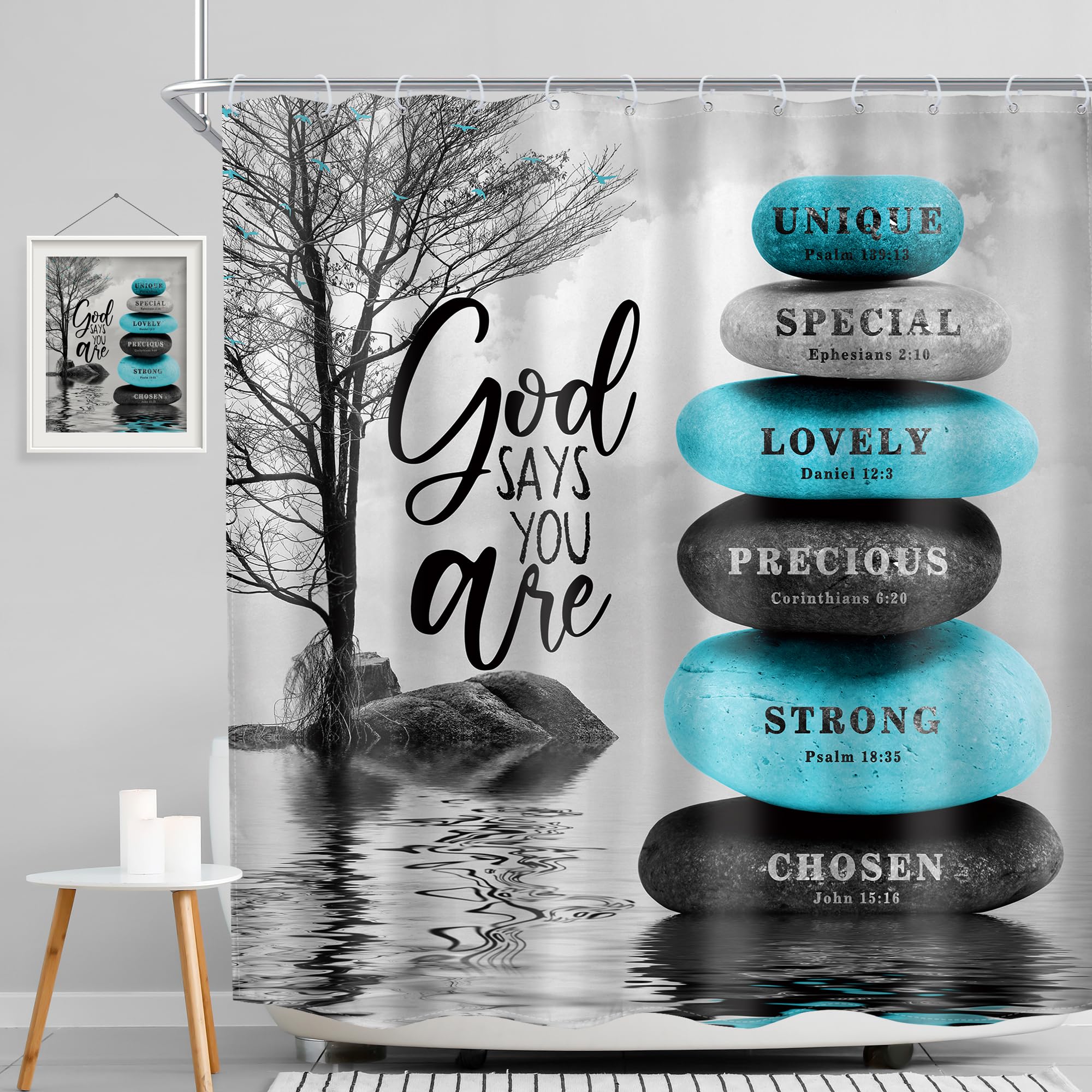 MESHELLY Zen Stone Bible Verse Shower Curtain 72Wx78H Teal Blue Spa Relaxing Meditation Quote Inspirational Massage Black Tree Gray Bath Curtain