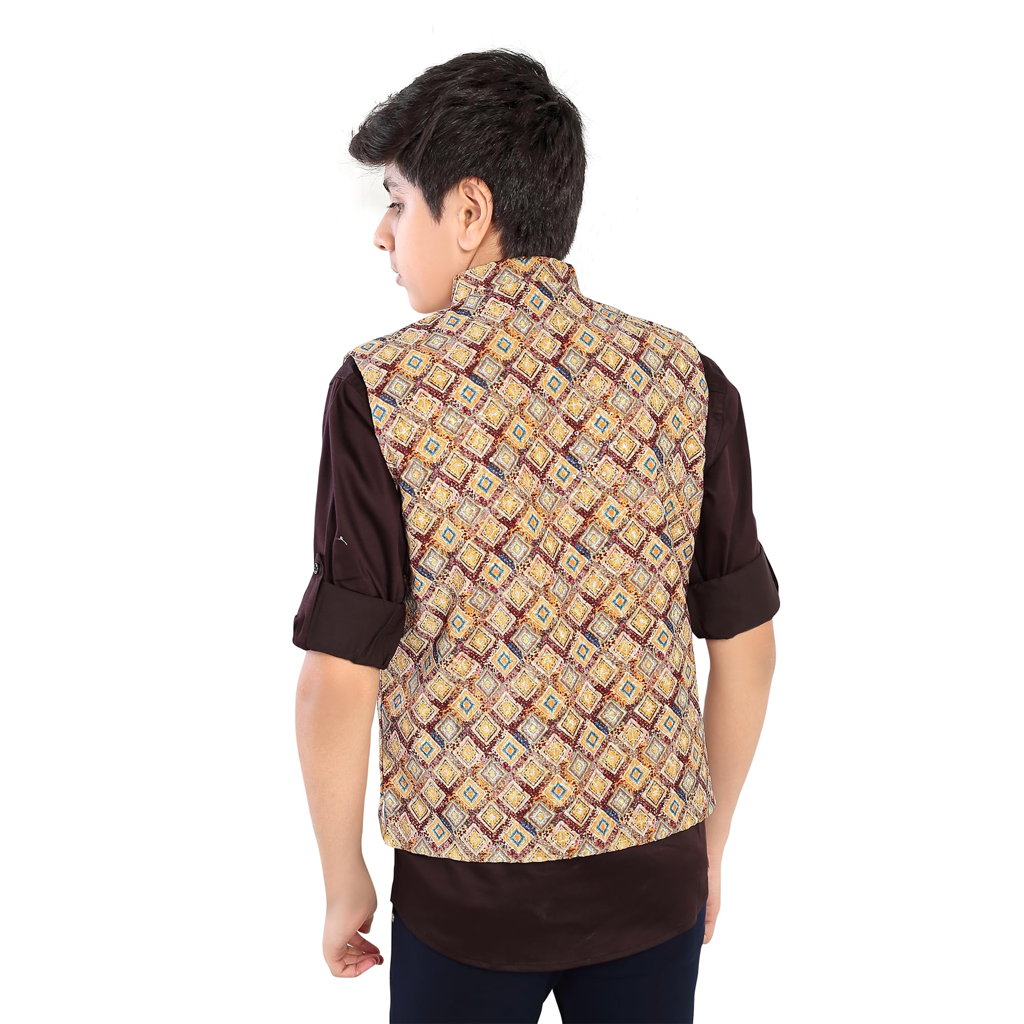 CHARCHIT Boys Yellow Printed Nehru Jacket and Shirt 3
