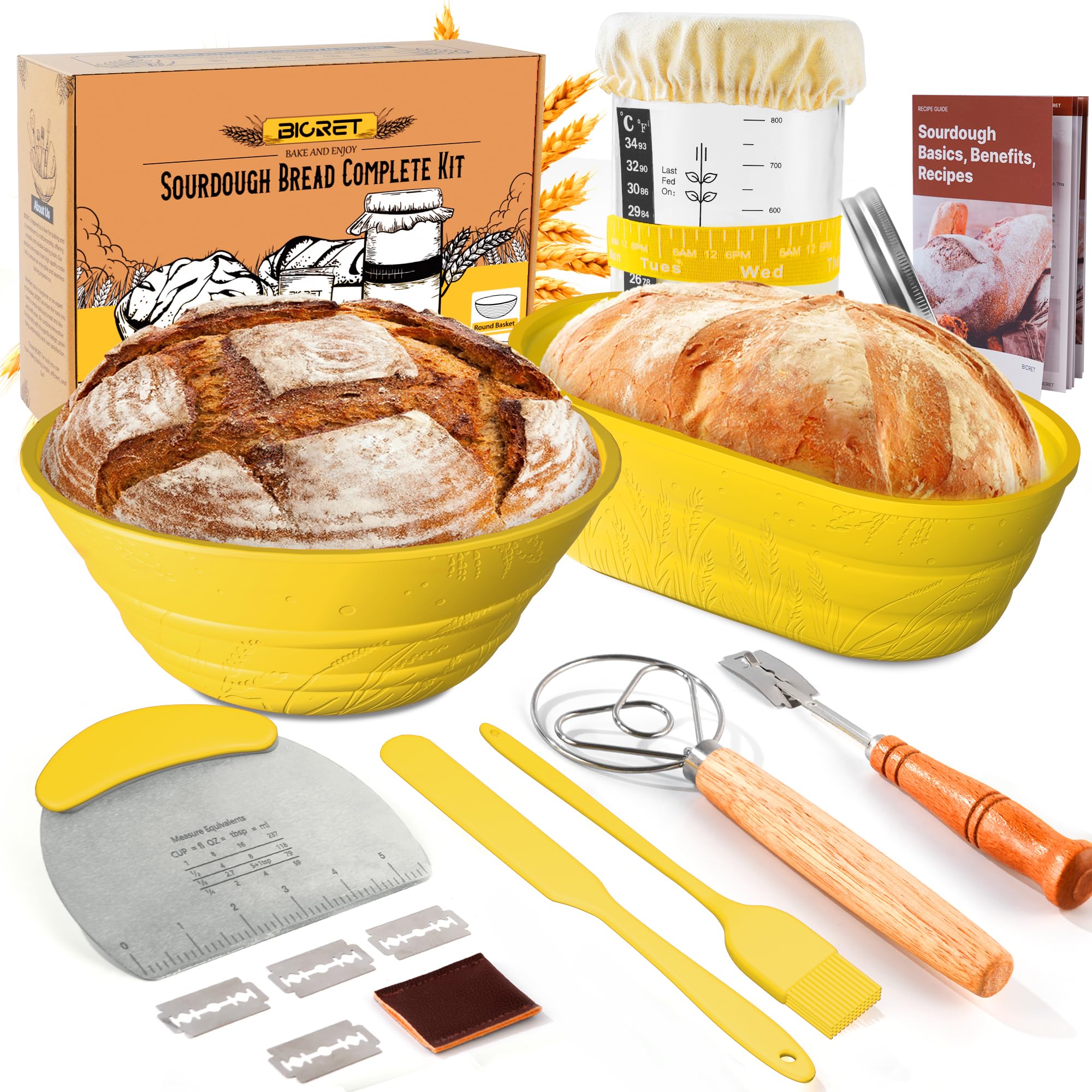 Banneton pour Pain,2 Corbeille a Pain set en Silicone Ovale et Rond,1000ml Bocal de Fermentation,Kit de Démarrage de Sourdough