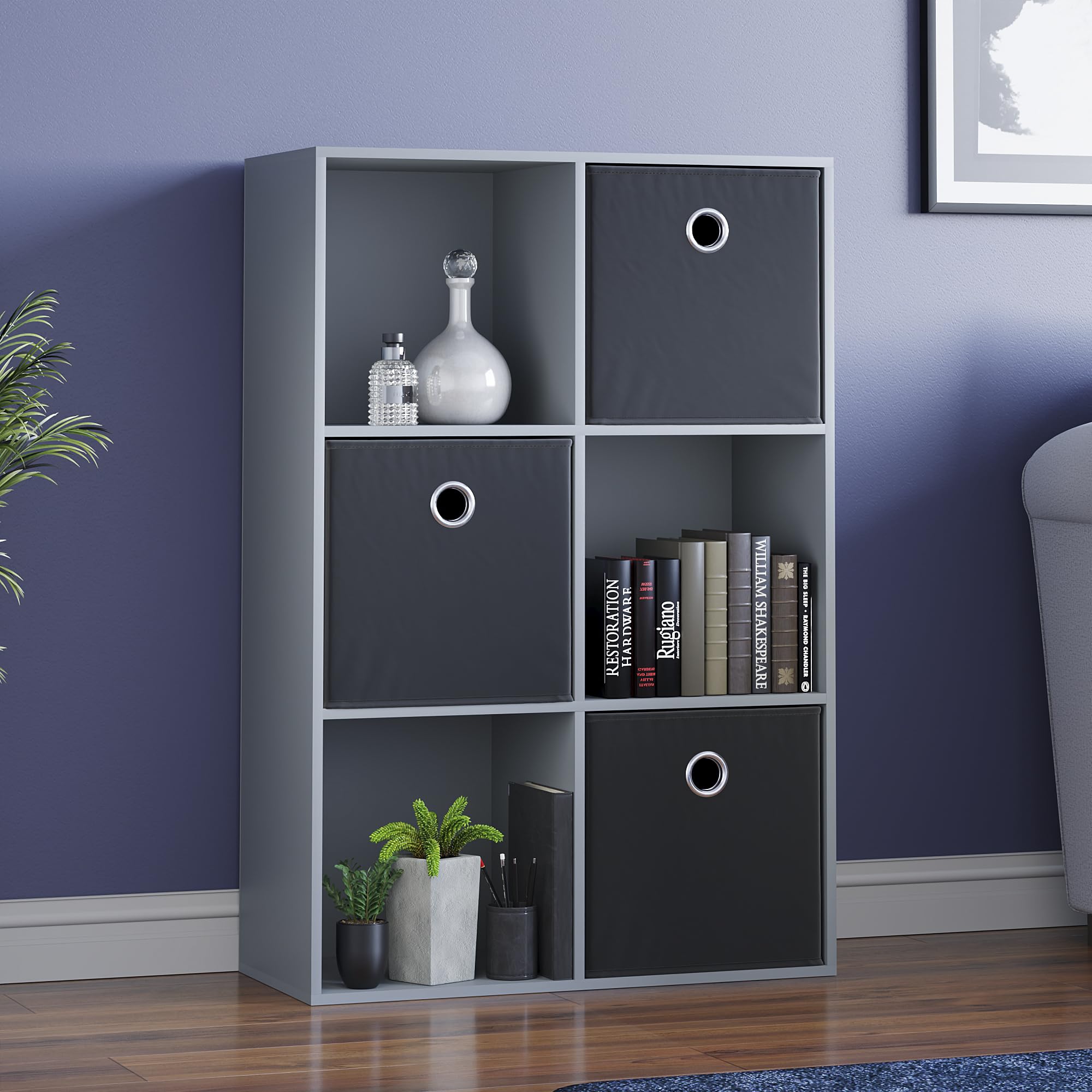 Vida Designs Durham Cube Bookcase Storage Organiser Living Room Bookshelf Home Office Furniture (6 Cube & 3 Black Baskets, Grey)
