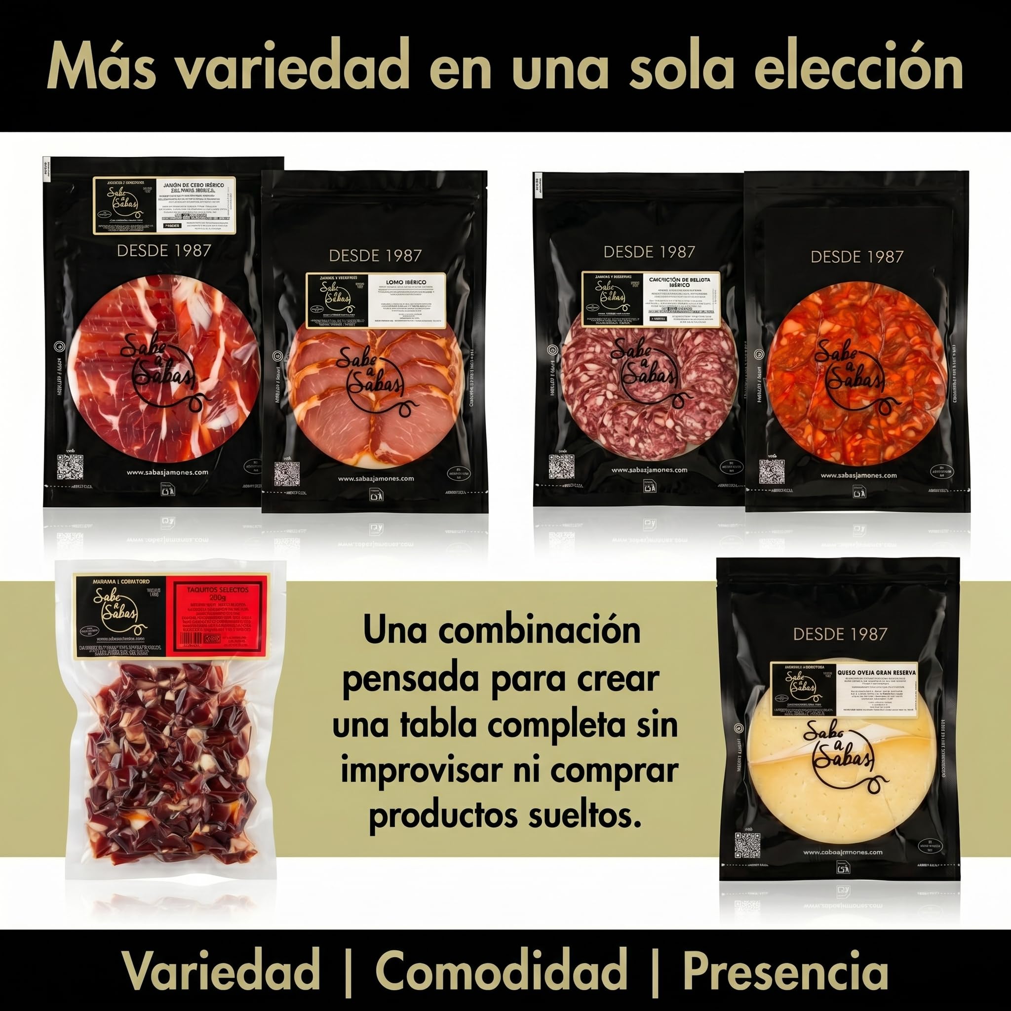 SABE A SABAS Cesta de ibéricos 4 sobre de jamón ibérico 4 de salchichón 4 de chorizo 4 de lomo 2 sobre de taquito iberico 4 sobres cortados a tapitas queso Curado de Oveja todos de 100 gr