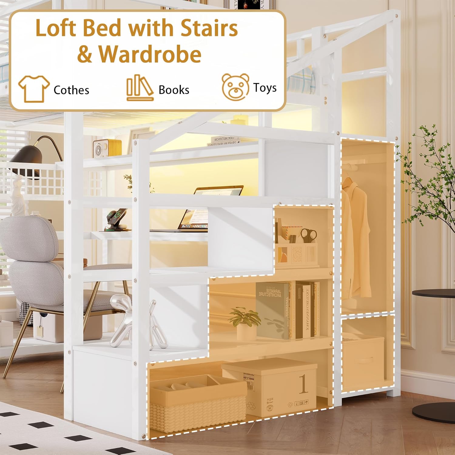Full Size Loft Bed with Stairs & Desk, White Loft Bed Frame with Storage Staircase, Charging Station & LED Light, Space Saving Loft Beds with Built-in Study Workstation for Kids Teens Adults