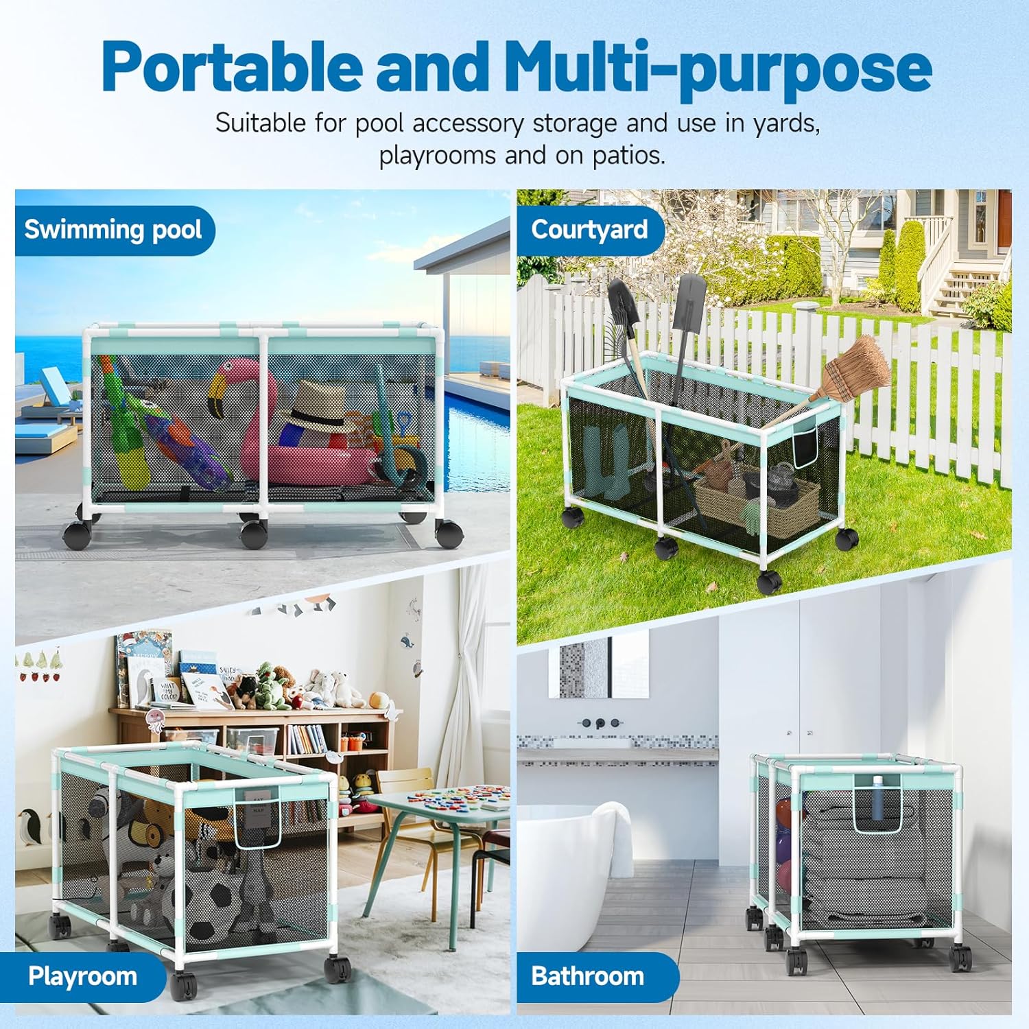 Extra Large Mint PVC Mesh Pool Storage Bin with Wheels