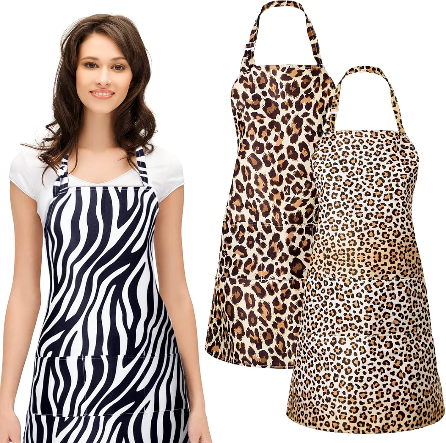 3 Pieces Leopard Zebra Print Cosmetology Aprons Waitress