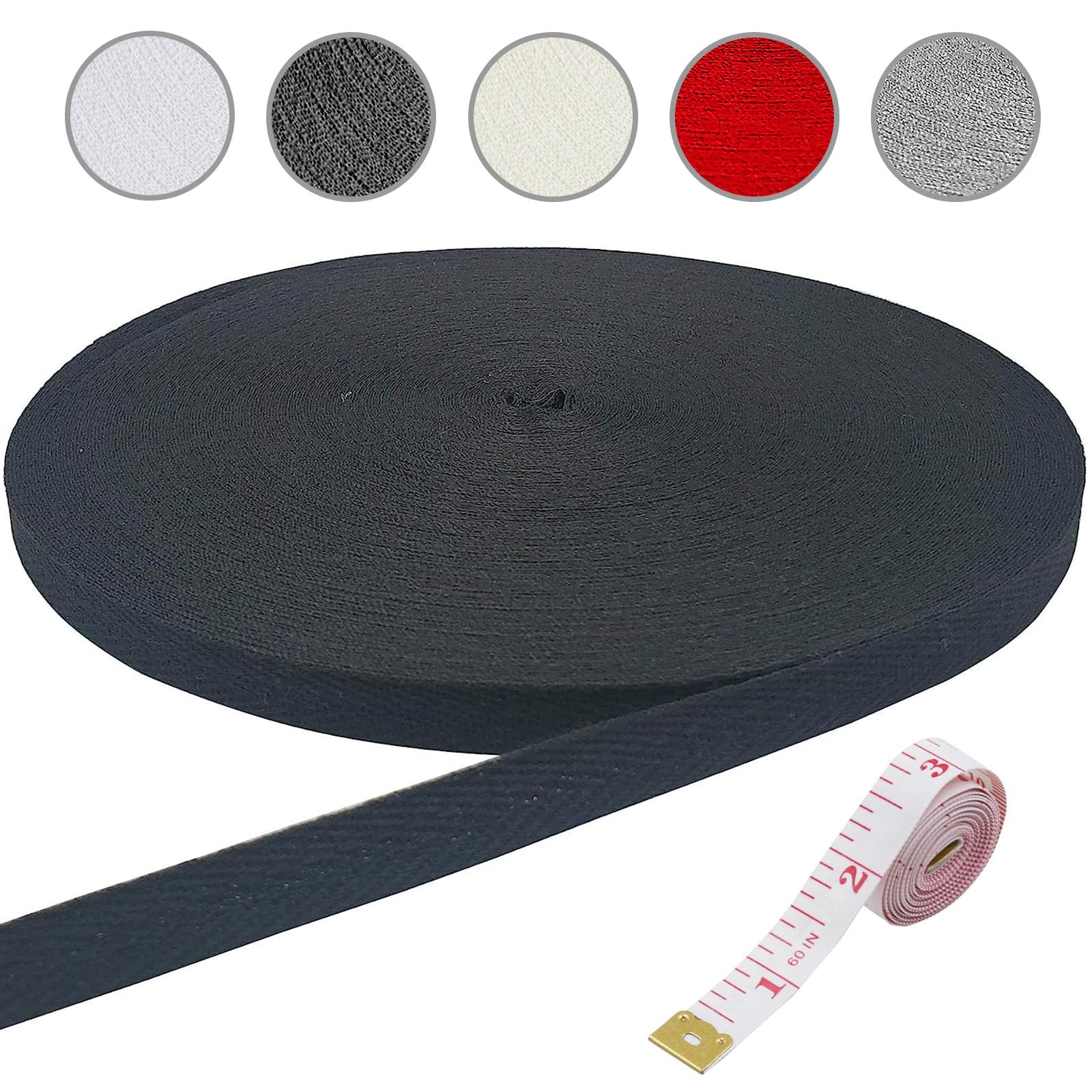 15mm 50 m Cotton Webbing, Cotton Tape Bias Binding Herringbone Tape Cotton Webbing Tape for Sewing Dressmaking Alterations Craft Apron (Black)