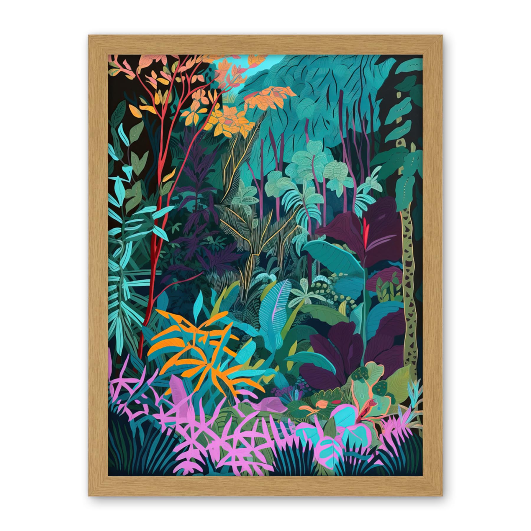 Artery8 Tropical Jungle Forest Vibrant Colour Illustration Artwork Framed Wall Art Print 18X24 Inch