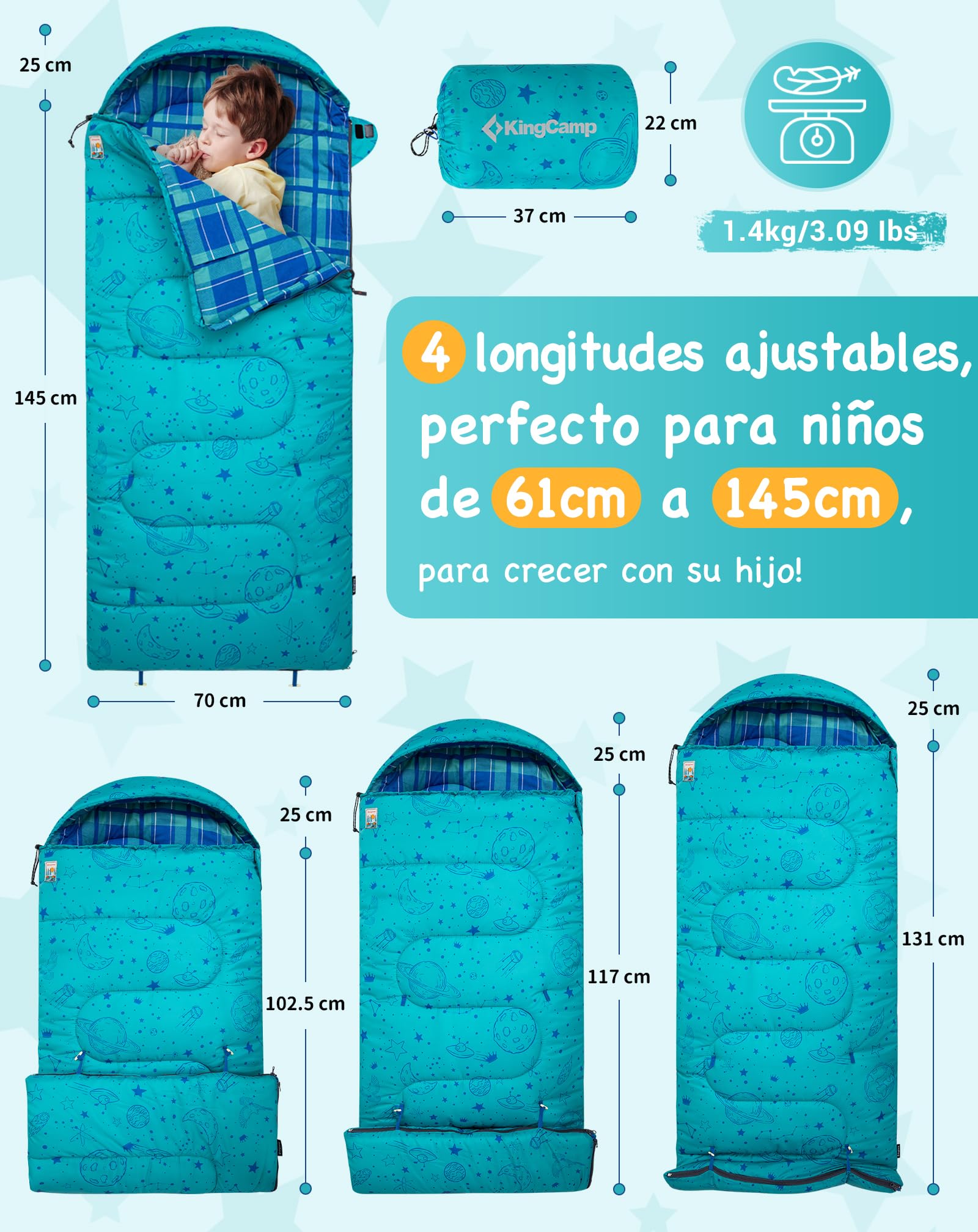 KingCamp Saco de Dormir Niños Franela de Algodón | 170 X 70 cm | 7℃ a -13 ℃ | Cálido y Cómodo para Niñas(Altura máxima hasta 145 cm) | Invierno Camping Accesorios, Viajes y Actividades