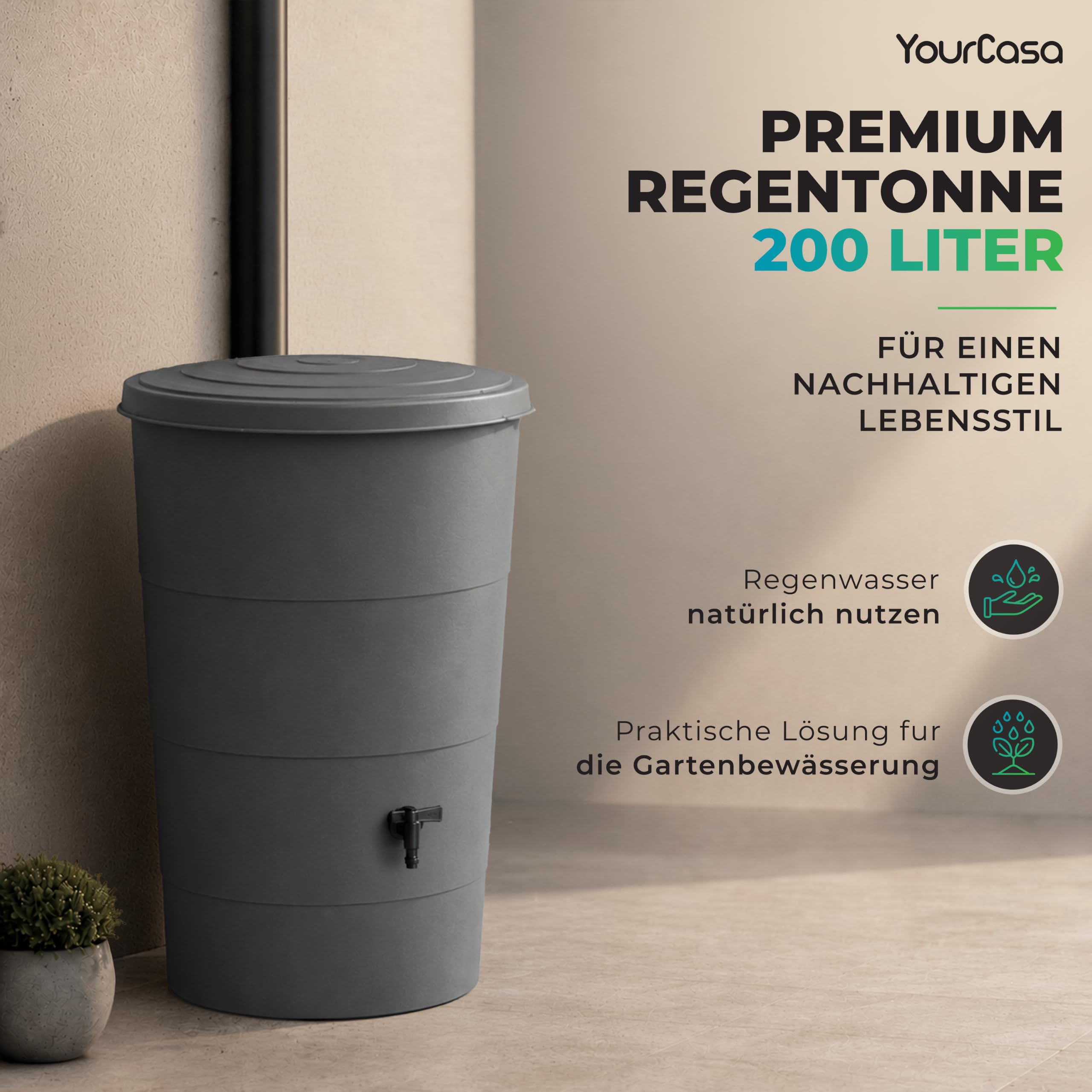 YourCasa Regentonne 200 Liter [inkl. Anschlusset & Bohrer] Regenfass Wetterfest aus Kunststoff mit Wasserhahn - Regenwassertonne - Wasserfass Regenwassertank Wassertonne für Garten (Anthrazit, 200L)