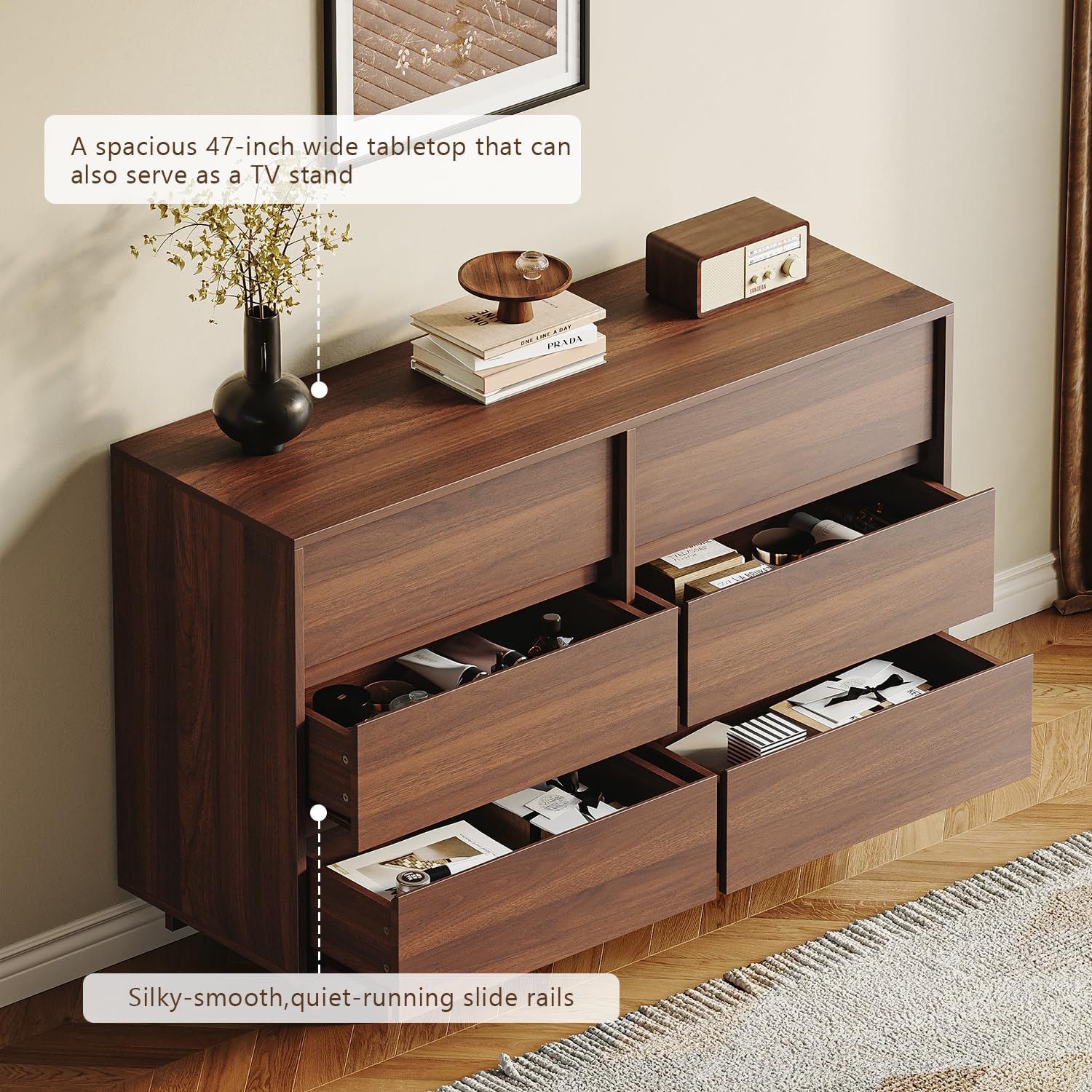Walnut Dresser for Bedroom with 6 Drawers,47" Wide Modern Dressers Chest of Drawers,Sturdy Base,Minimalist Linear Design,Wooden Closet Clothes Organizer for Bedroom,Hallway,livingroom