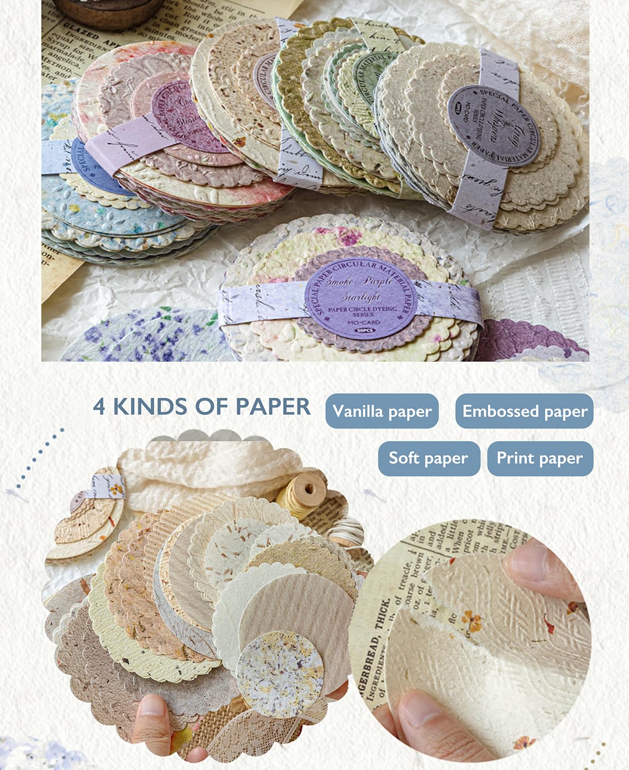 300 Stück rundes Scrapbook-Papier – 6 Stück, geprägtes, strukturiertes und bedrucktes Reispapier, Spitzenrand, verschiedene spezielle Karten, Mischung für Scrapbooking, Junk, Journaling, Zubehör