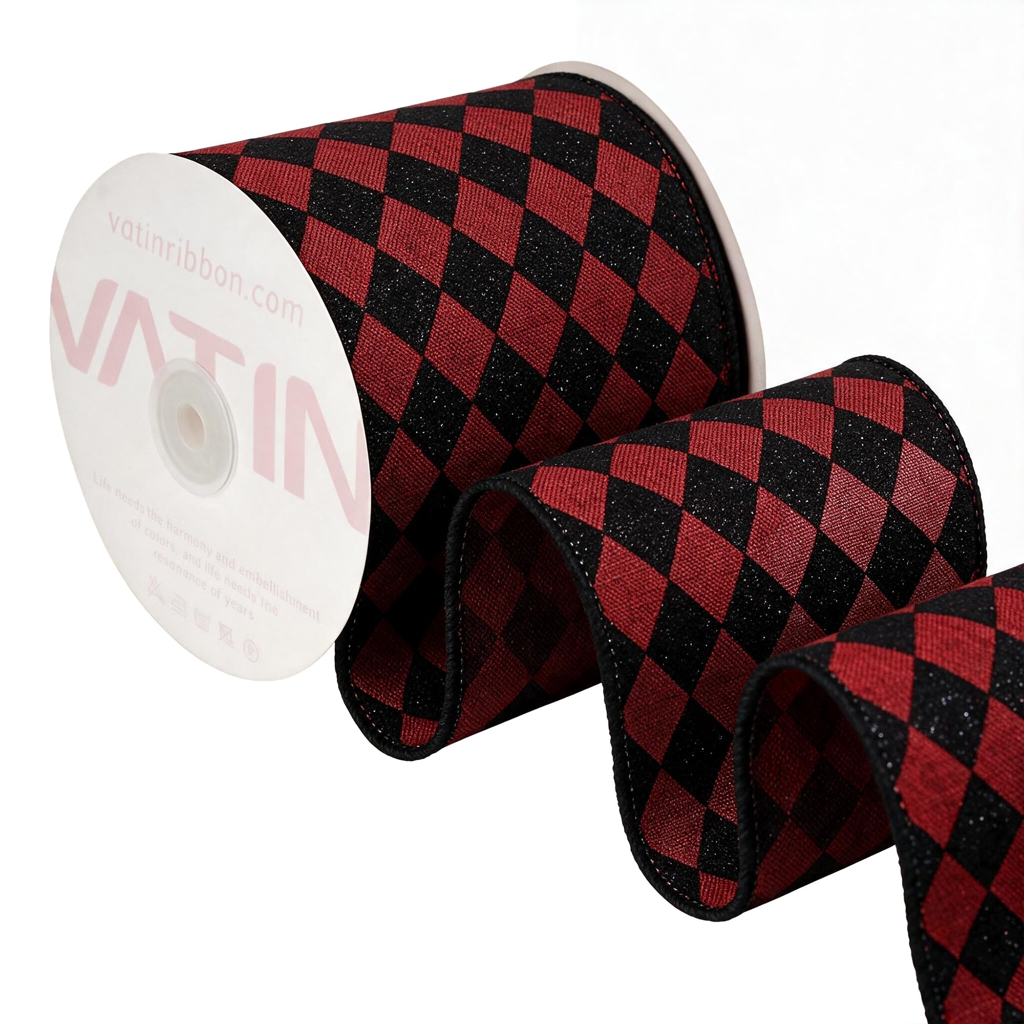 VATIN Red Base Black Glitter Diamond Check Wired Ribbon, 100 MM x 9 M