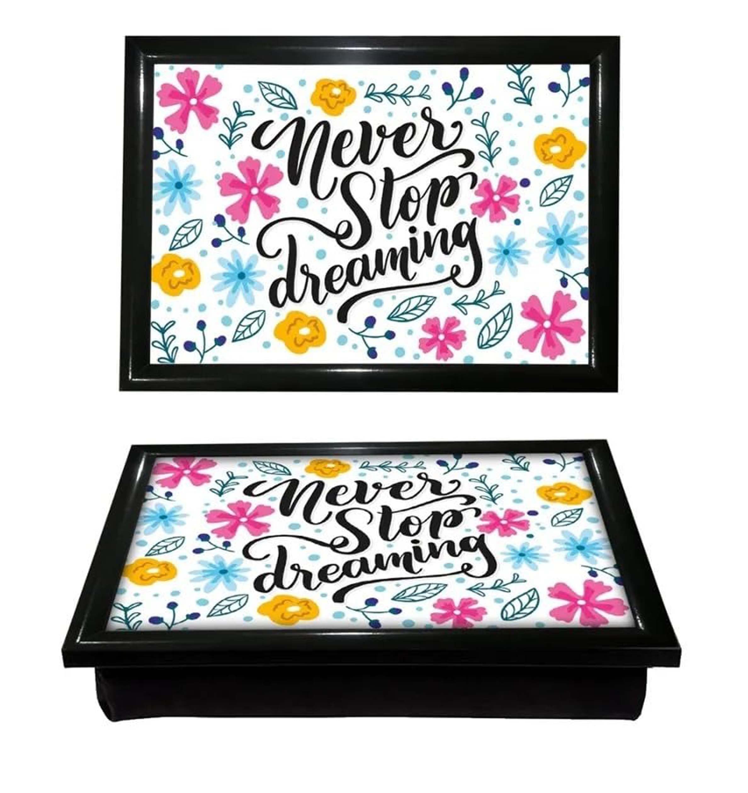Premzo Wooden Lap Tray Never Stop Dreaming Theme Soft Cushioned Bean Bag Comfort Sitting, Laptop, TV, Writing, Art, Drawing, Breakfast, Dinner, Food, Easy Serve, Serving Tray