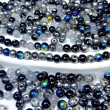 300pcs Glass Beads, 6mm Round Crystal Bead, Assorted Beads for Jewelry Making, Black Spacer Bead for Bracelets Necklaces DIY Craft