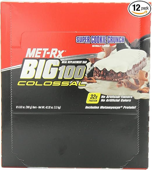 MET-Rx Big 100 Colossal Meal Replacement Bar, Super Cookie Crunch, 3 Ounce (Pack of 12)