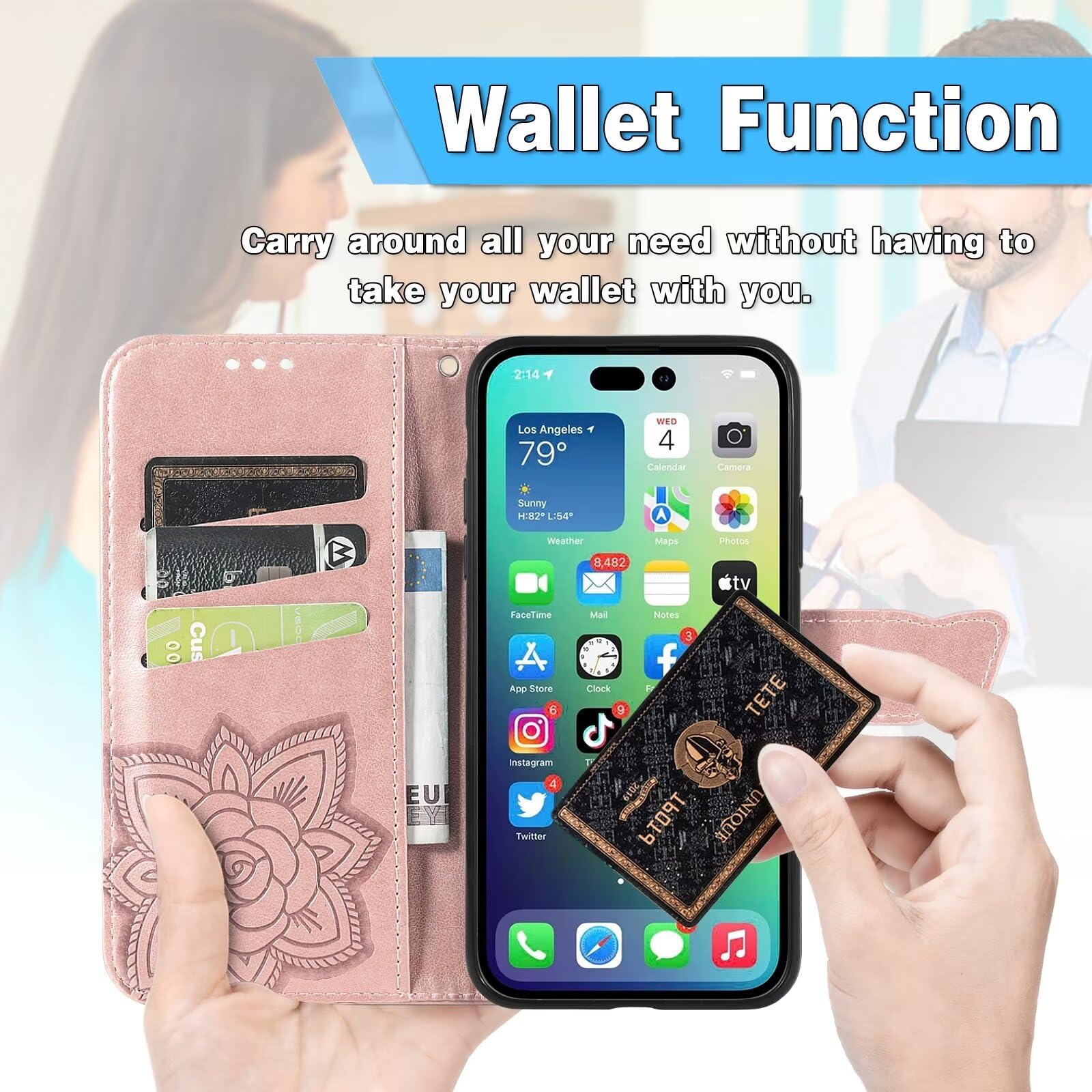 Coque Portefeuille Magnétique Pour TCL 501 (6 Pouces) - Motif Papillon, 3 Fentes Cartes + Portefeuille, Fonction Support - Rose
