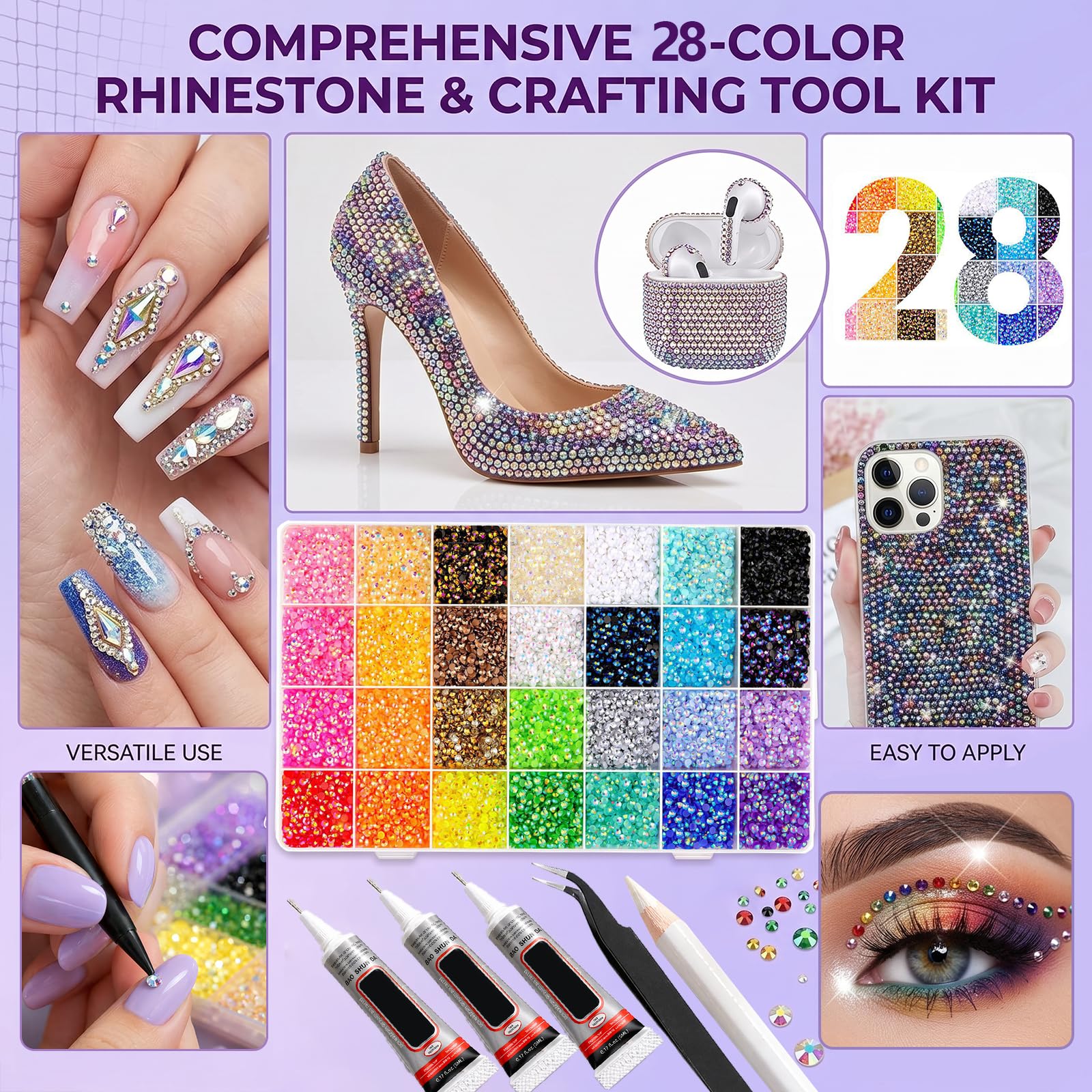 Zestaw 30000 sztuk Bedazzling Kit kamieni stras do paznokci, 28 kolorów, 3 mm błyszczące kamienie, Bedazzler Kit z pęsetą i pisakiem woskowym, płaskogrzbietowe kamienie stras Jelly Rhinestones do