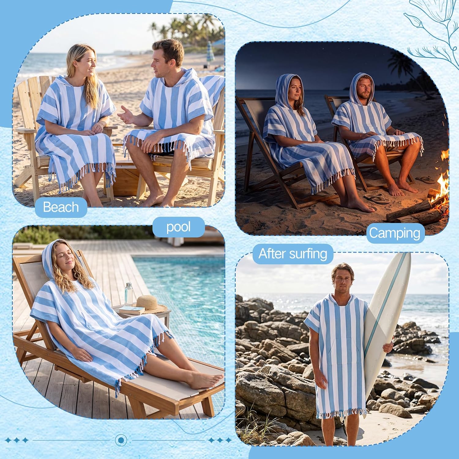 Twistover 1 Pcs Large Turkish Towel Poncho Cotton Surf Poncho 47 x 71 Inch Beach Cover up Hooded Changing Towels Wearable Towel Swim Robe with Pocket for Adult Men Women Beach Pool (Blue)