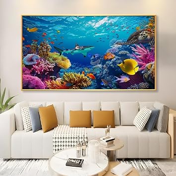 Underwater Canvas Wall Art - Sea Life & Ocean Fish, Living Room Wall Decor Gold Metal Frame, 48"x27" | 122x68cm