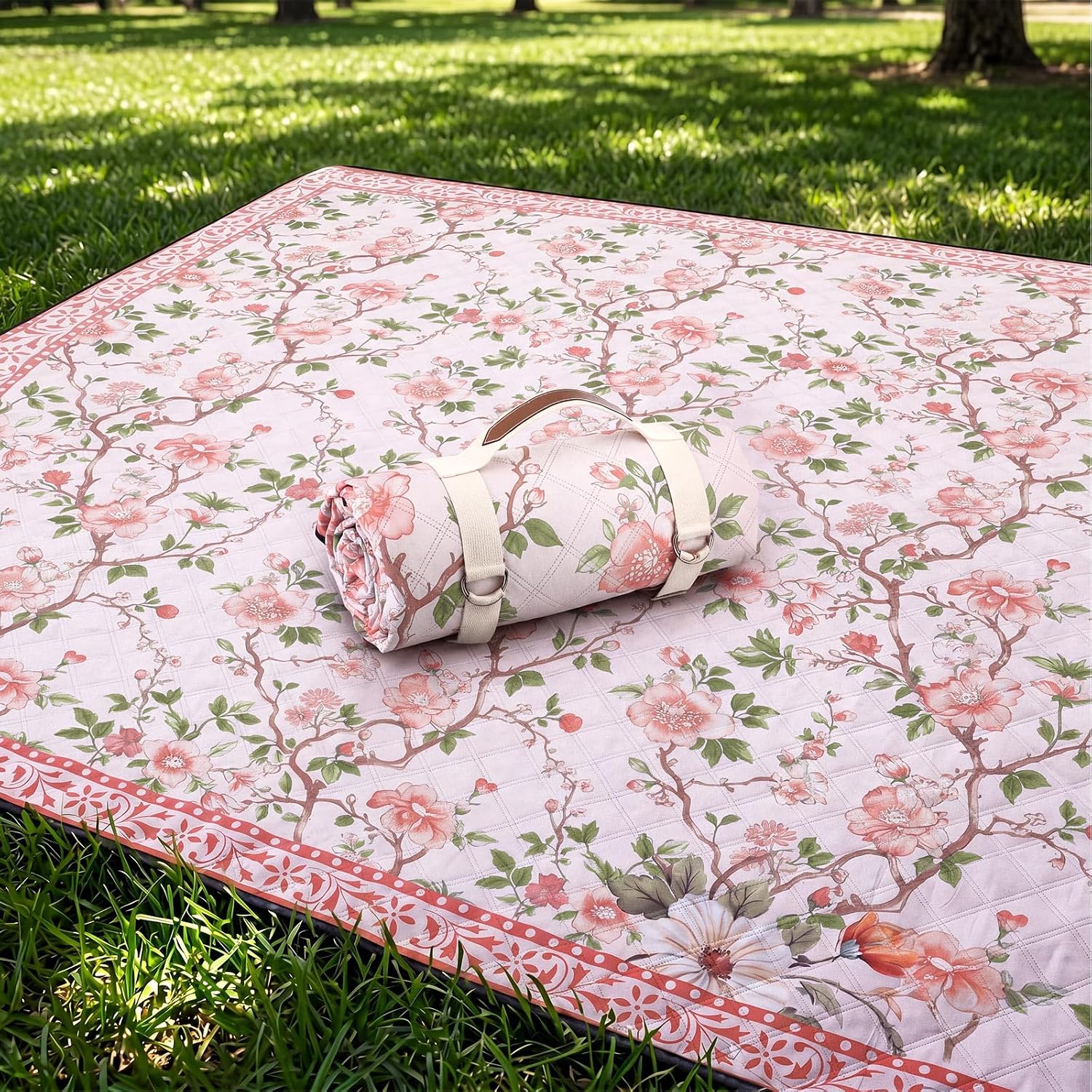 Newwiee Pink Green Floral Picnic Blanket 80 in Waterproof Blanket Outdoor