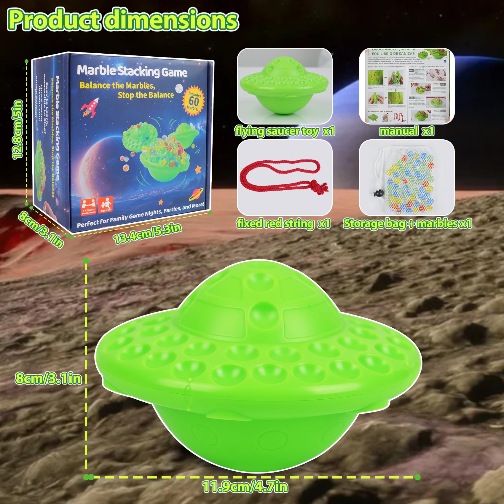 Juego de mármol y equilibrio para niños, 60 canicas de vidrio premium, juguete divertido de estrategia para 1-4 jugadores, listo para jugar fuera de la caja 8 años 5