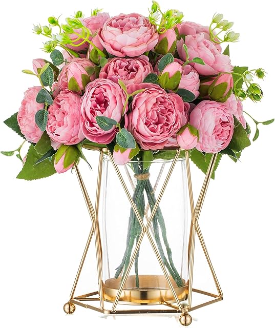 NUPTIO Glass Flower Vase with Geometric Metal Rack Stand, Gold Candle Holders for Pillar Candles, 17cm Tall Hurricane Candle Holder Centerpiece for Home Office Living Room Wedding Decor