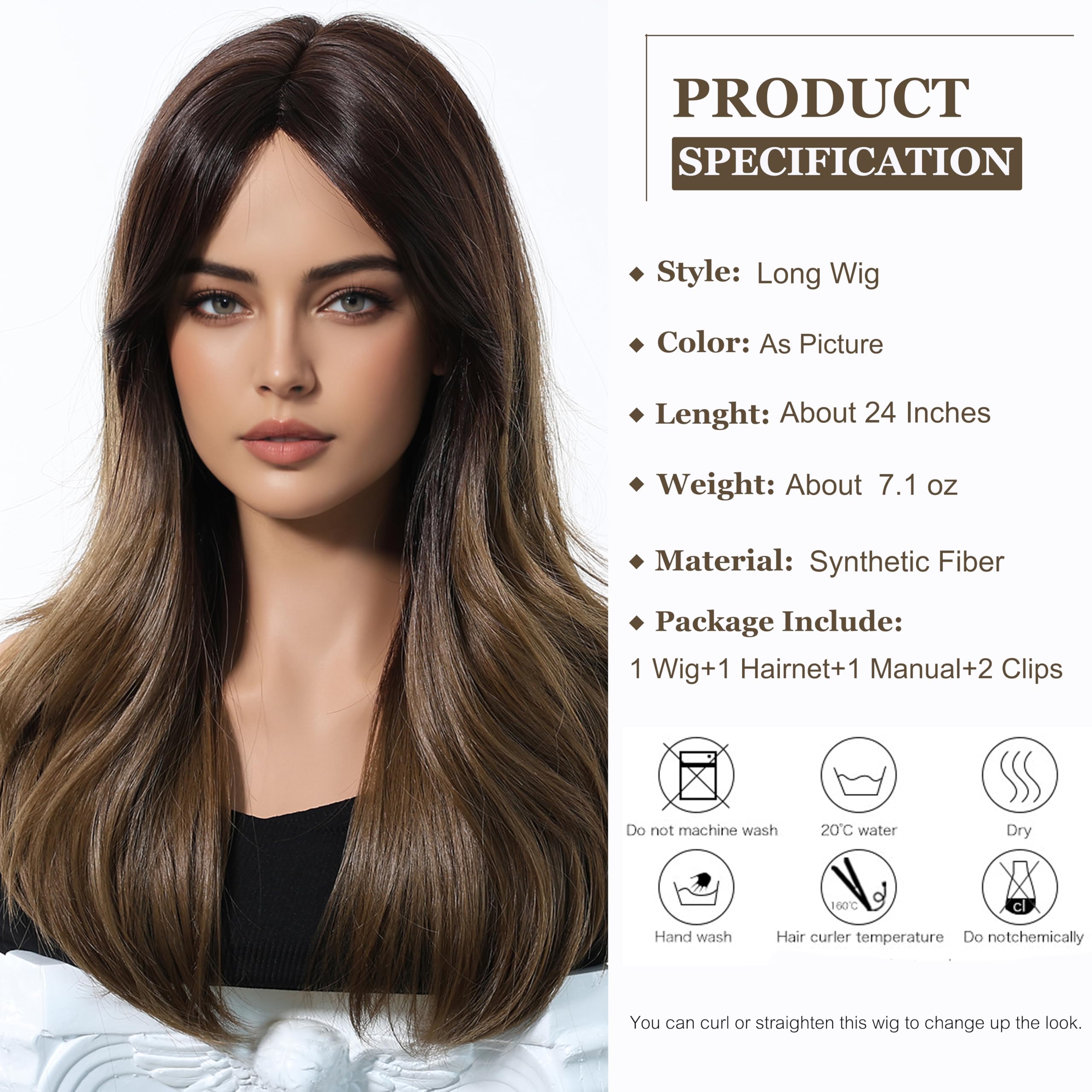 Esmee Long Straight Ombre Brown Wig for Women with Curtain Bangs Natural Synthetic Hair Wigs for Daily Party Use - Image 2