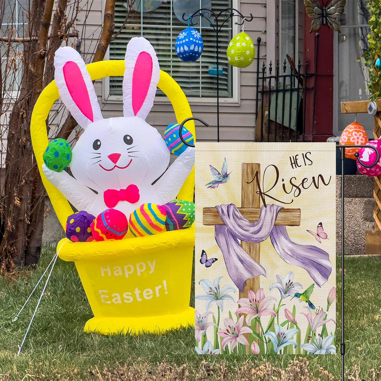 Heyfibro He is Risen Easter Wooden Cross Garden Flag 12x18 Double Sided Burlap, Lily Flower Hummingbird Butterfly Yard Banner for Holiday Farmhouse Jesus Religious Outdoor Decor(ONLY FLAG) - Image 3