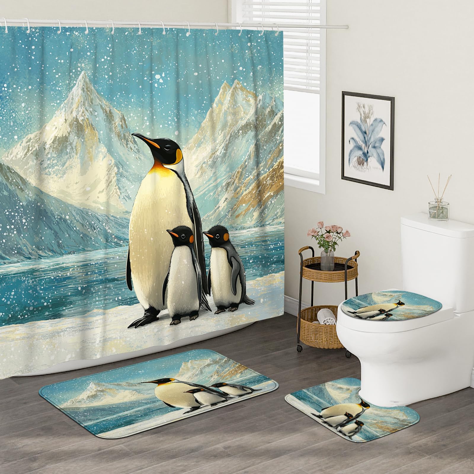 Lot de 4 rideaux de douche d'hiver avec crochets – Ensemble d'accessoires de salle de bain avec tapis de bain, tapis en forme de U et tapis pour abattant de toilettes, motif pingouin antarctique – 183